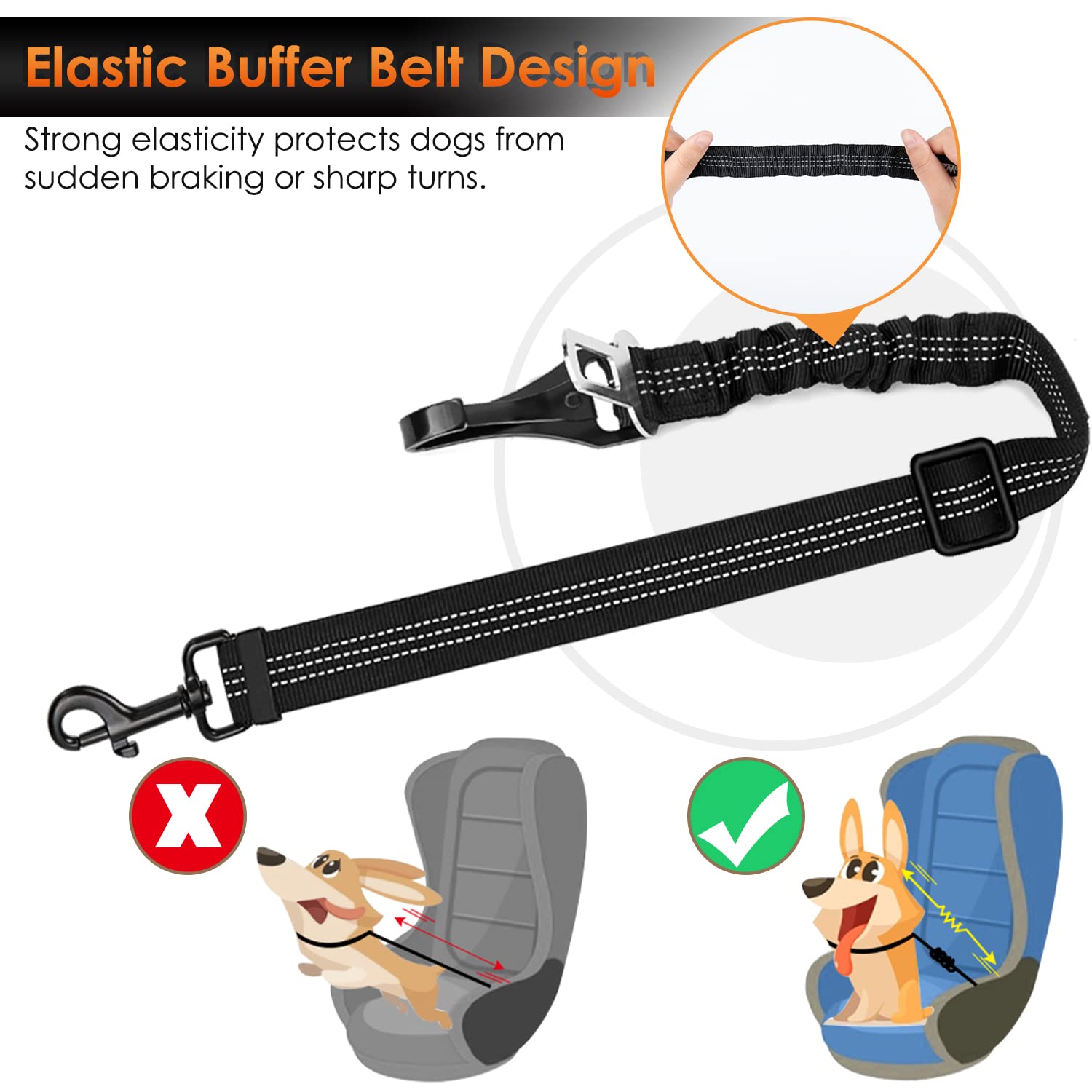 Eyein Dog Seat Belt, 2 in 1 Attachment Dog Car Harnesses Belt, Hook Latch Bar & Seatbelt Buckle with Anti Shock Elastic Nylon Bungee Buffer, Pet Safety Belts for Vehicle(Black,90cm)