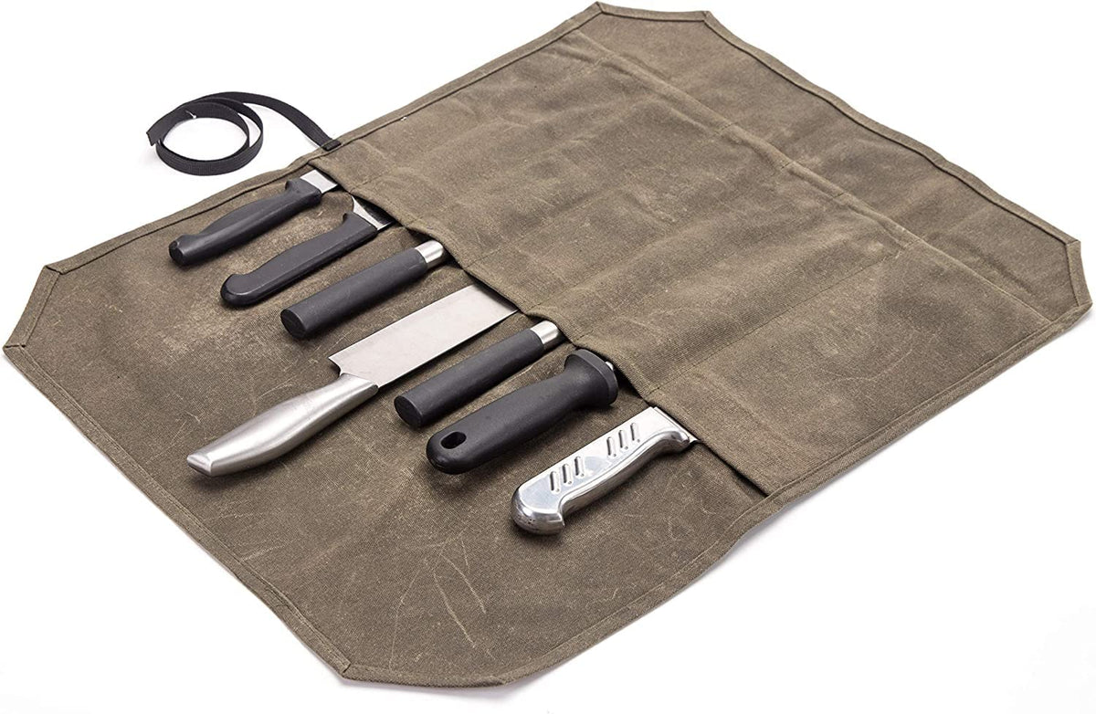 YISNTF Chefs Knife Roll Bag,12OZ Waxed Canvas Knife Bag,Knife Case Storage, 7 Slots Knife Wallet Cutlery Tool Roll Case Bag with Wrap,Gifts for Pro Chefs or Culinary Enthusiasts,Gifts for Men