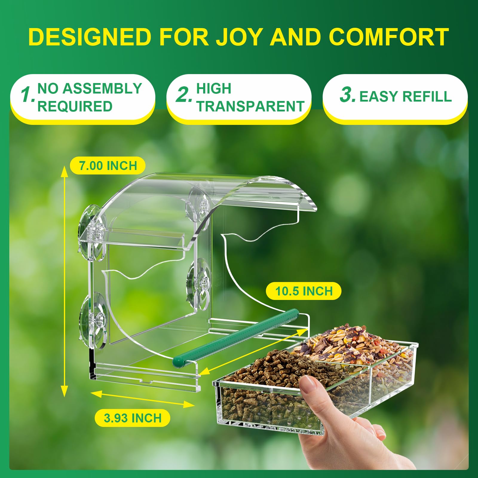 Window Bird Feeders with 4 Strong Suction Cups and Detachable Seed Tray for Small Birds only, BPYOT Acrylic Clear Bird Feeders are Unique Gardening Gifts for Elderly Grandpa/Grandma/Grandparents
