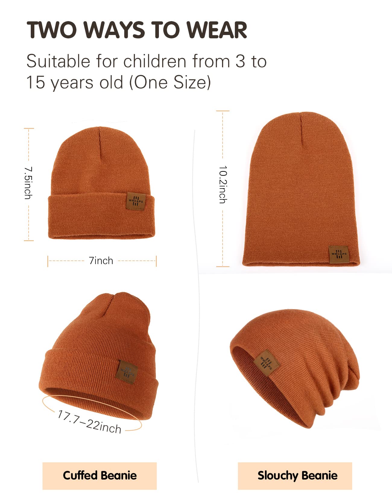 Beanie for Kid, Stretchy Childrens Thermal Insulated Wolly Hat with Turn Up for Boys and Girls, Double Layer for Winter Autumn (Dark Orange)