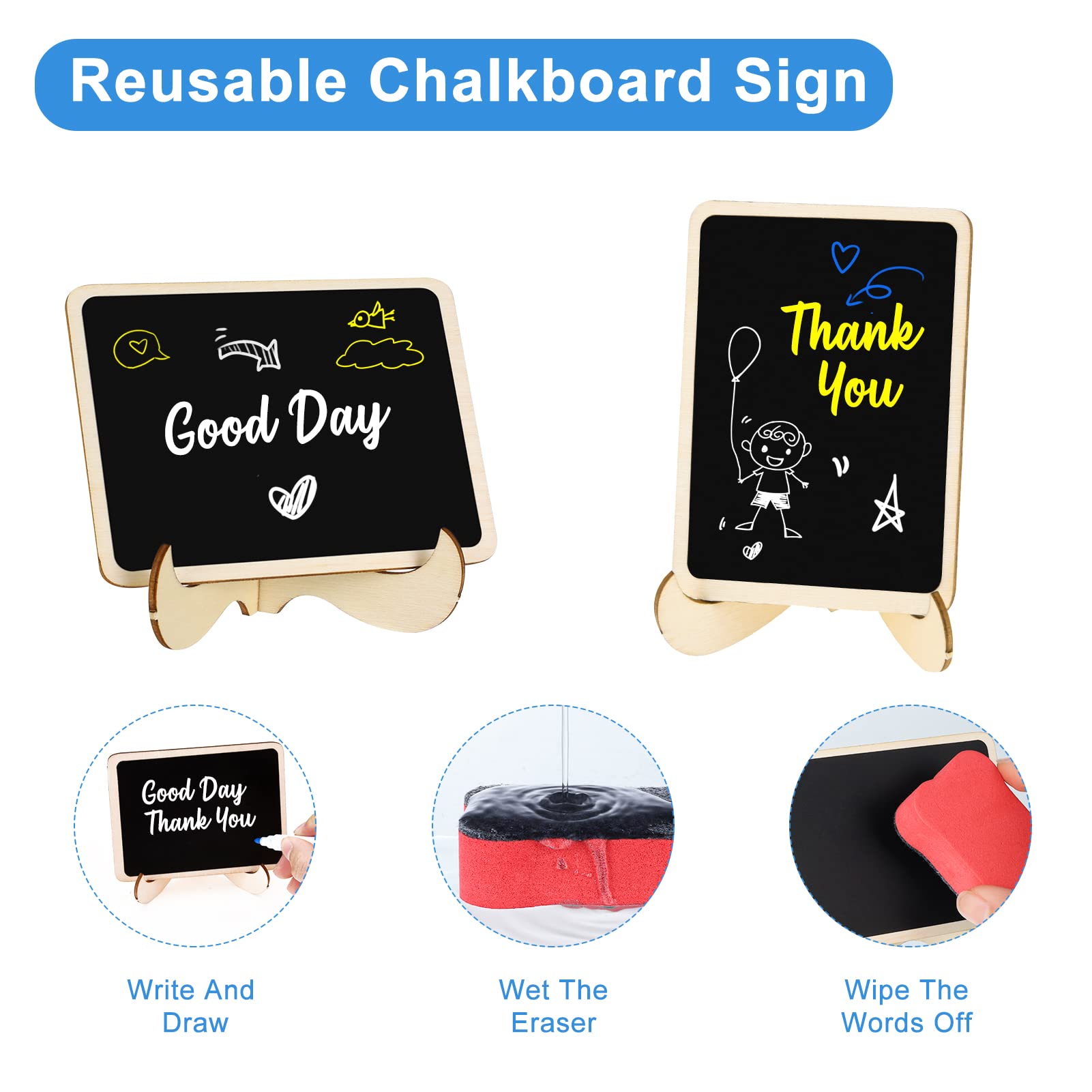 Fuyamp 12Pcs Mini Chalkboard Signs, Mini Blackboard with Stand Food Label Place Cards Small Blackboard with Pens and Eraser for School Party Table Numbers Food Signs