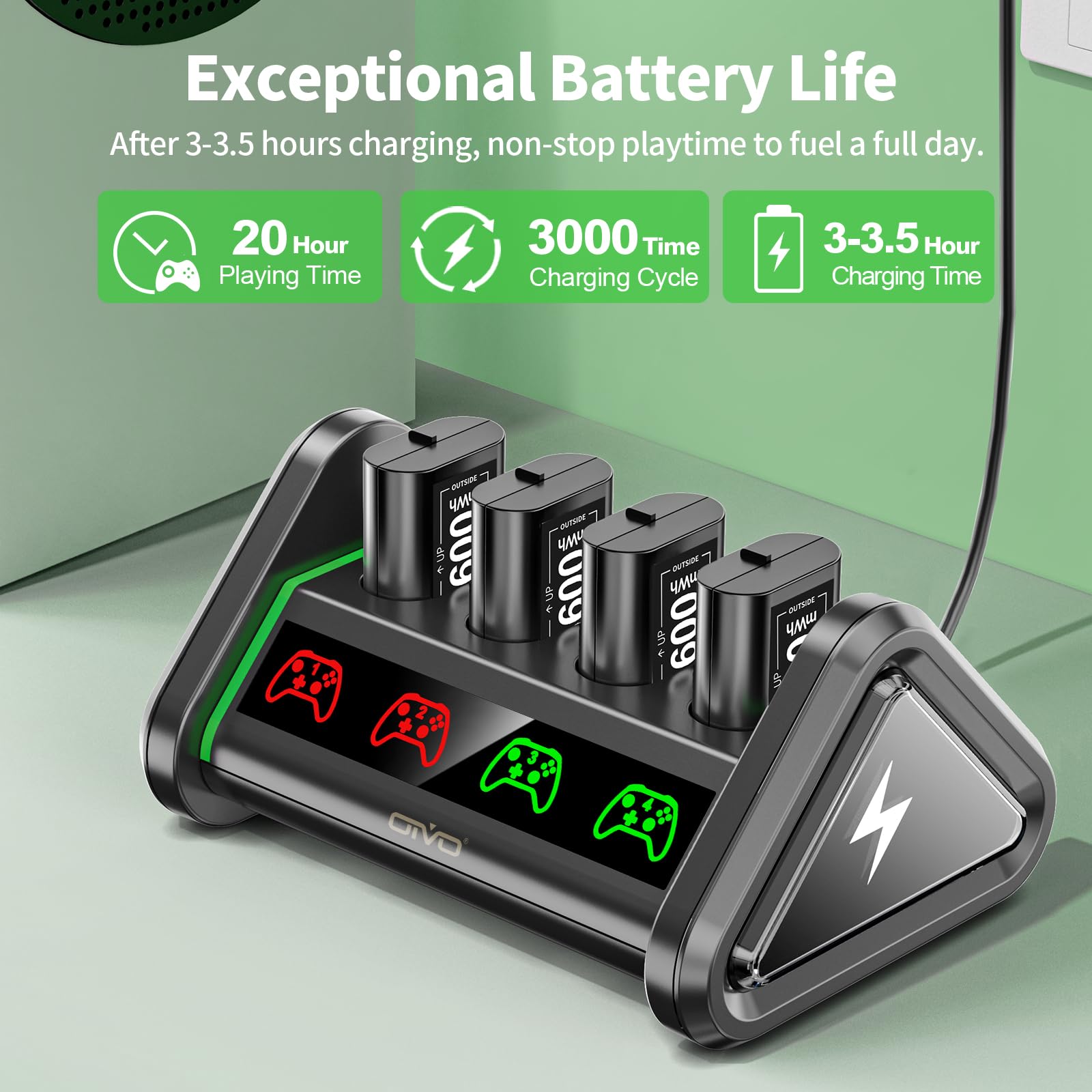 OIVO Rechargeable Batteries for Xbox One/Xbox Series X S, 4 x 3600mWh Batteries Xbox One Controller, Xbox Series Controller Battery with Charger Station for Xbox One/One S/One X (1500mAh=3600mWh)