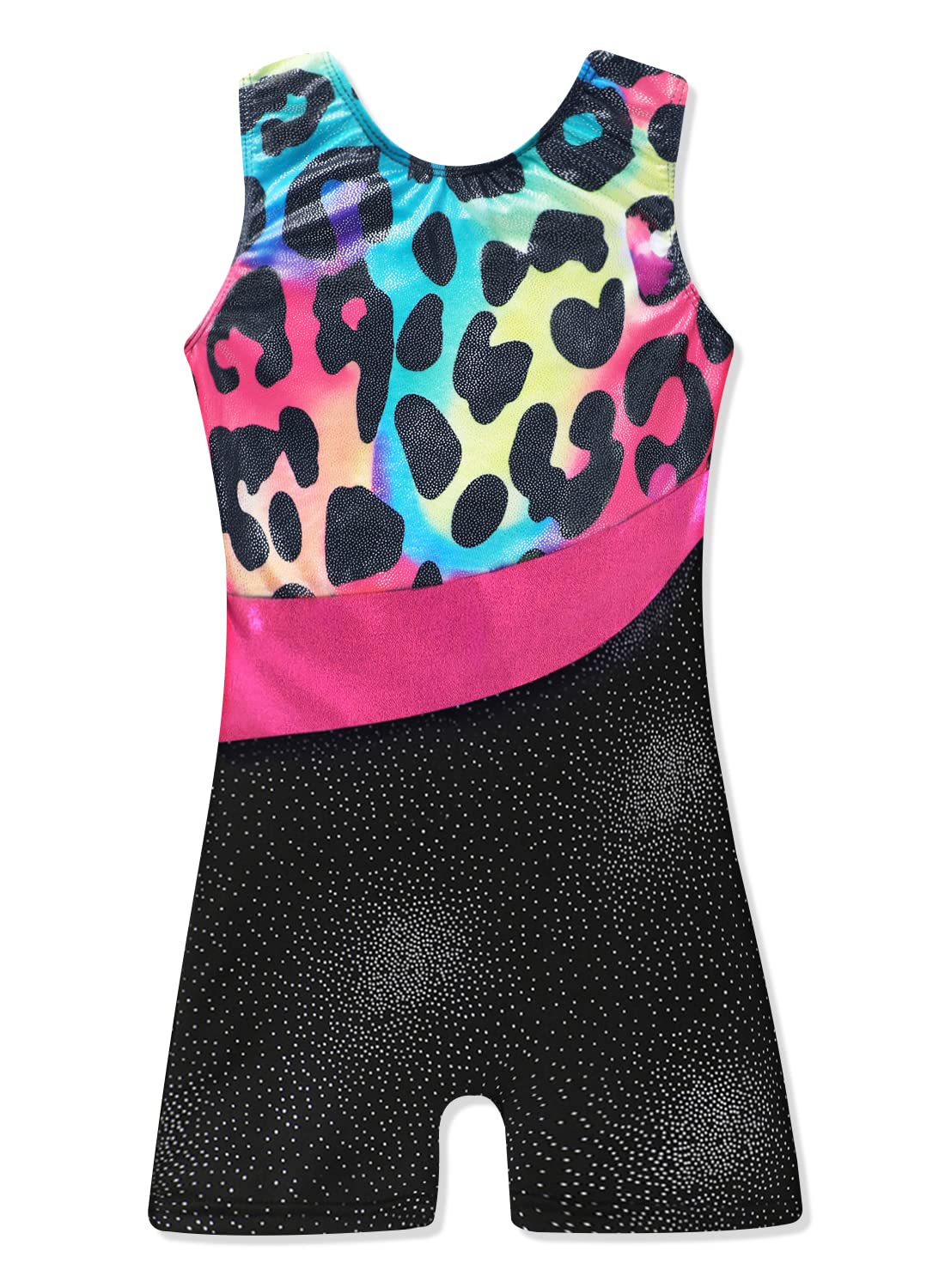 XiaoMoSha Gymnastics Leotards for Girls Sleeveless Dance Unitards Ribbon Sparkle Leotard Gymnastics Athletic for Little Girls(Leopard, 9-10 Years)