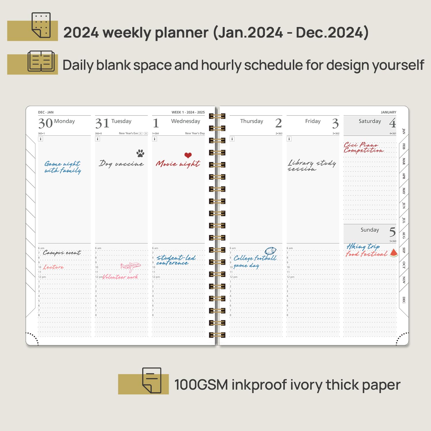 POPRUN Week to View 2024 Diary 25.5 x 20.5 cm, Large Hard Cover Appointment Diary 24 Weekly Work Planner Dotted Note Page, Spiral Hardcover, 100GSM FSC® Paper - Haze Blue