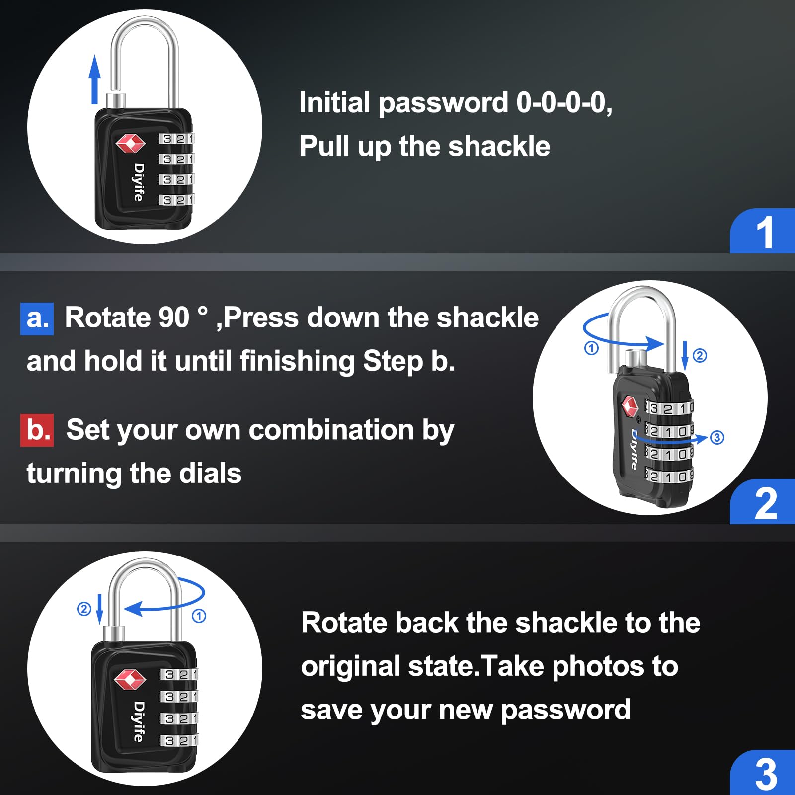 TSA Luggage Locks, [Updated Version] [2 Packs] Diyife 4-Digit Security Padlock, Resettable Zinc Alloy Combination Padlocks, Small Code Lock for Travel Suitcases Luggage Bag Case (Black)