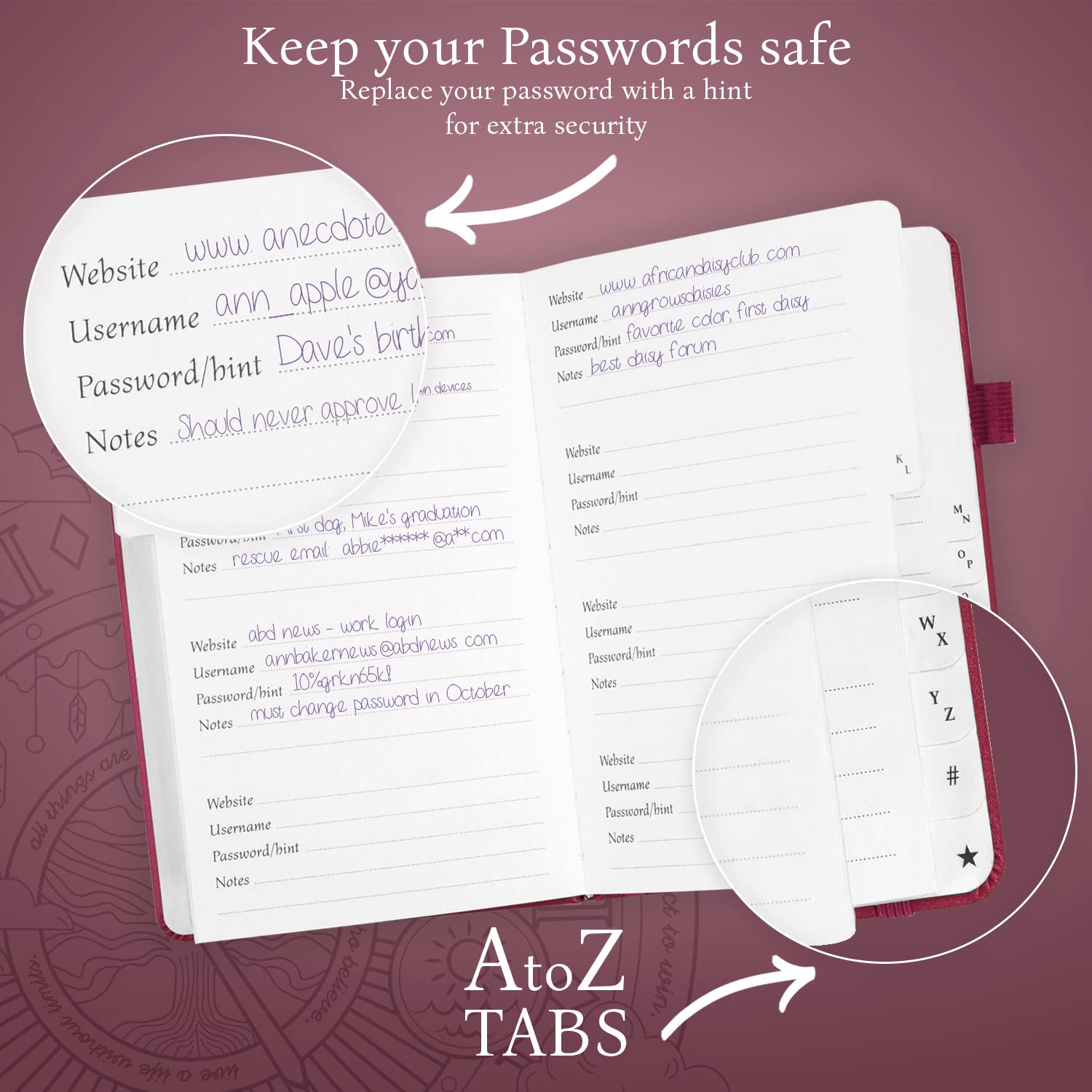 Legend Planner Password Book with Alphabetical tabs. Internet Address Keeper Logbook. Journal for Website Logins, Medium 13x19.5cm (Hot Pink)