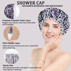 HieerBus Shower Cap,Reusable Bath Shower Caps,Oversized Double Layer Waterproof Bathing Shower Hat Hair Protector with PEVA Lining & Elastic Band Stretch Hem Hair Hat for Women Men (Daisy-Navy blue)