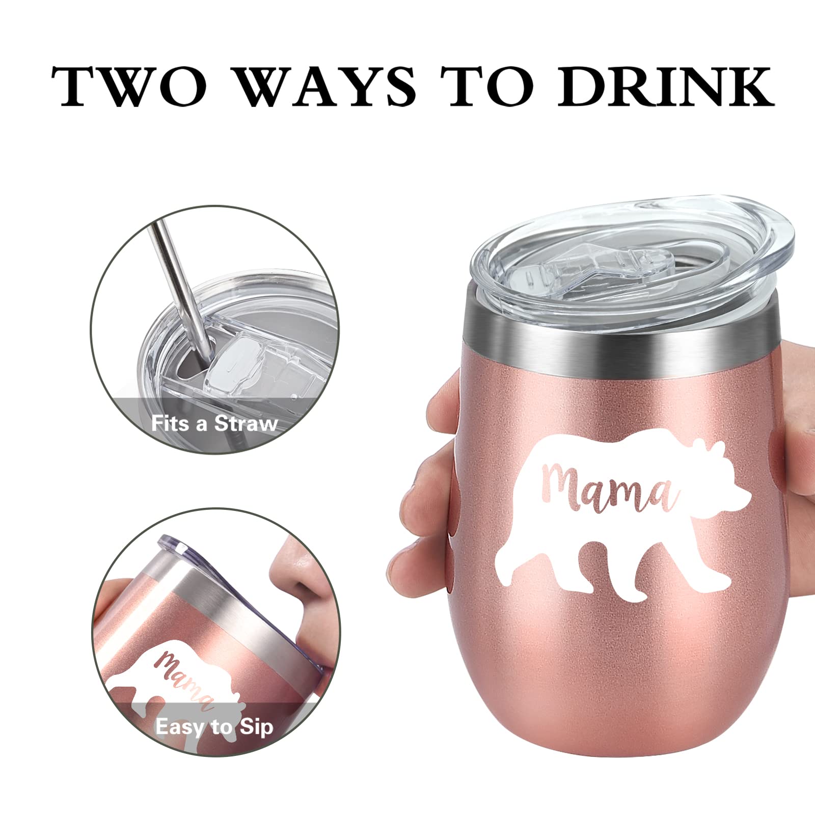 Livole Mothers Day Presents for Mum, New Mum, Mummy, Women, Mum Birthday Gifts from Son, Mama Bear Mug, Mum Christmas Gifts, 12oz Insulated Coffee Travel Mug, Double Walled Wine Tumbler, Rose Gold