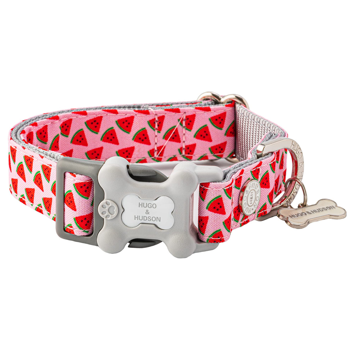 HUGO & HUDSON Nylon Dog Collar with Quick Release Safety Buckle, Pink Watermelon, S