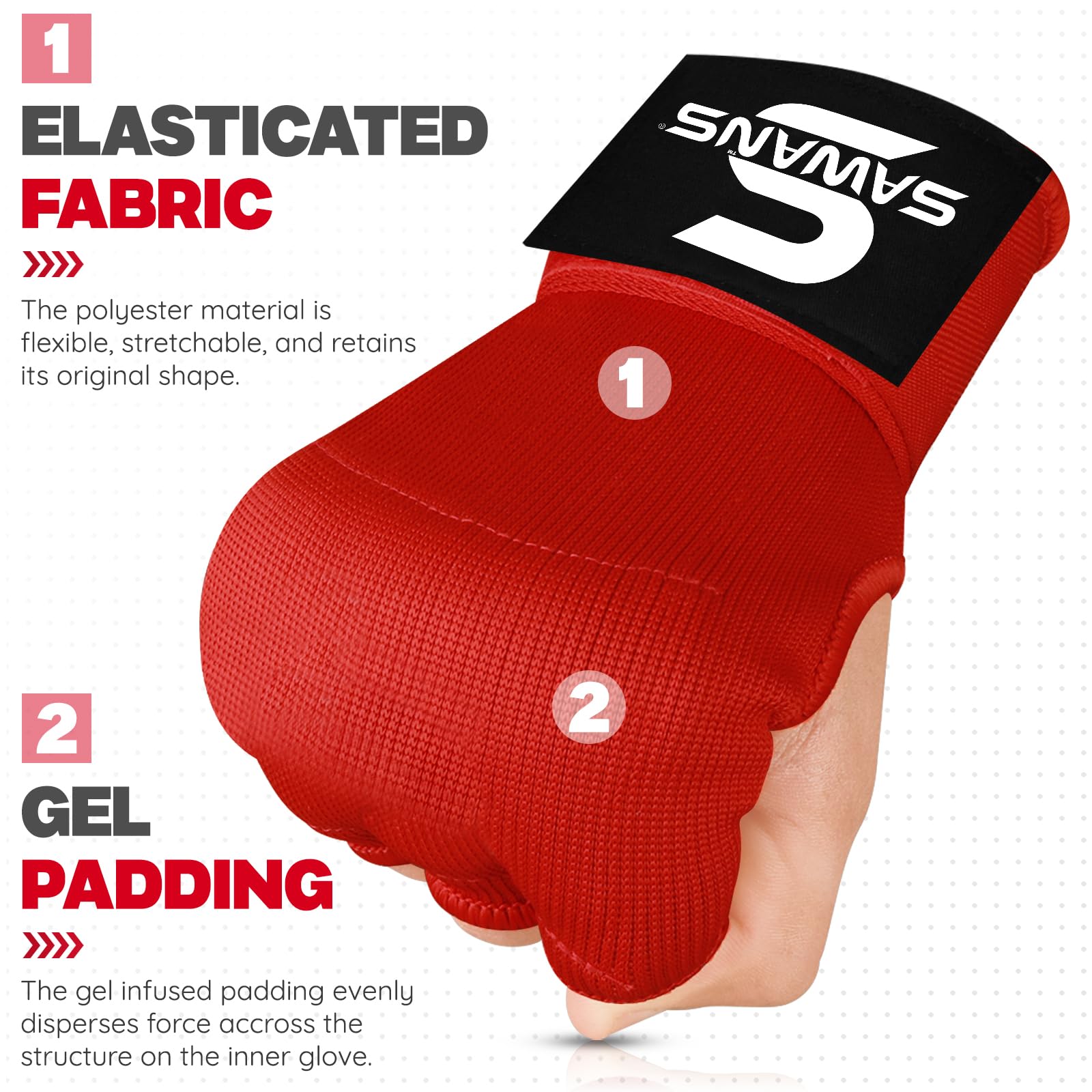SAWANS Boxing Hand Wraps Inner Gloves for Hand Protection Long Wrist Straps Elasticated, Padded Martial Arts Combat Gloves Punching Bag Training Gel Mitts Muay Thai MMA (Kids/Junior, Red)