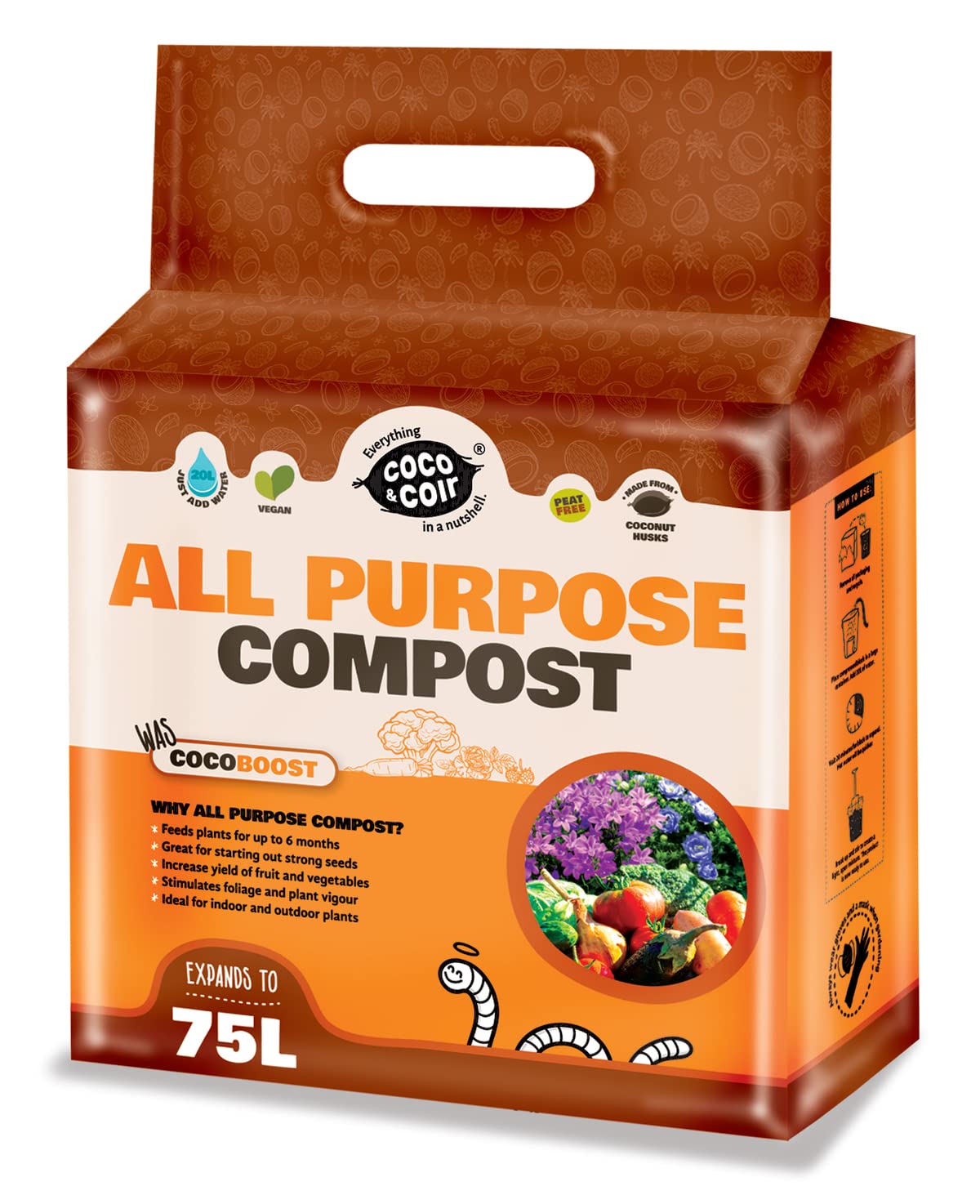 Coco & Coir All Purpose Compost. Peat-free Coco Soil for Plants Indoors. Potting Soil Fertilised with NPK - Coco Boost (75L)