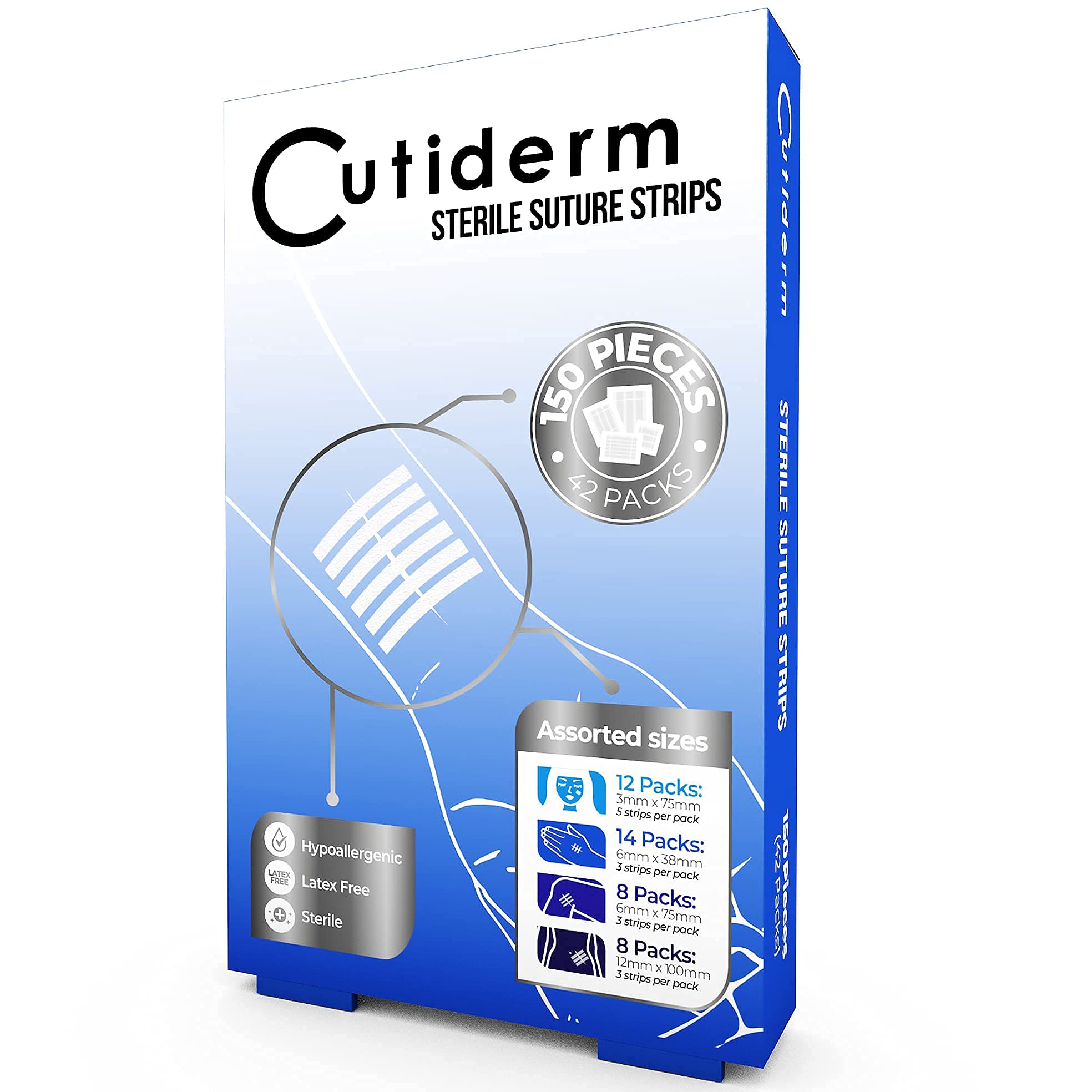 Cutiderm Sterile Skin Wound Closure Suture Strips, 4 sizes - 150 Strips