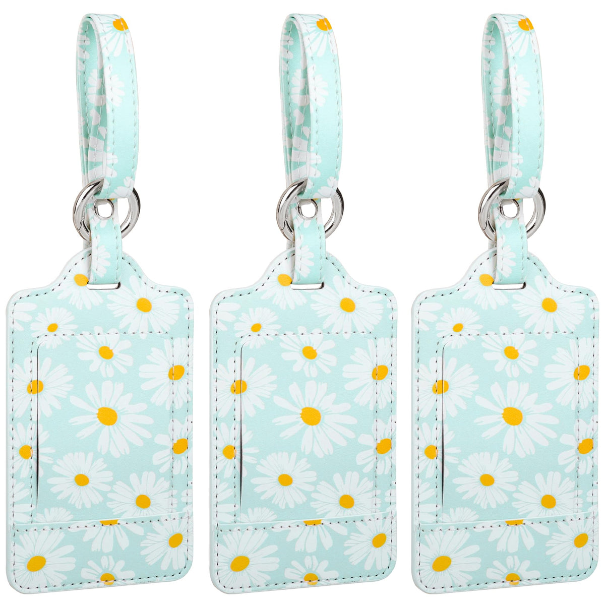 Teskyer 3 Pack Floral Luggage Tags, Luggage Tags for Suitcases, Luggage Labels with Name ID Card, Noticeable, Durable, Travel Accessories, PU Leather, Daisies