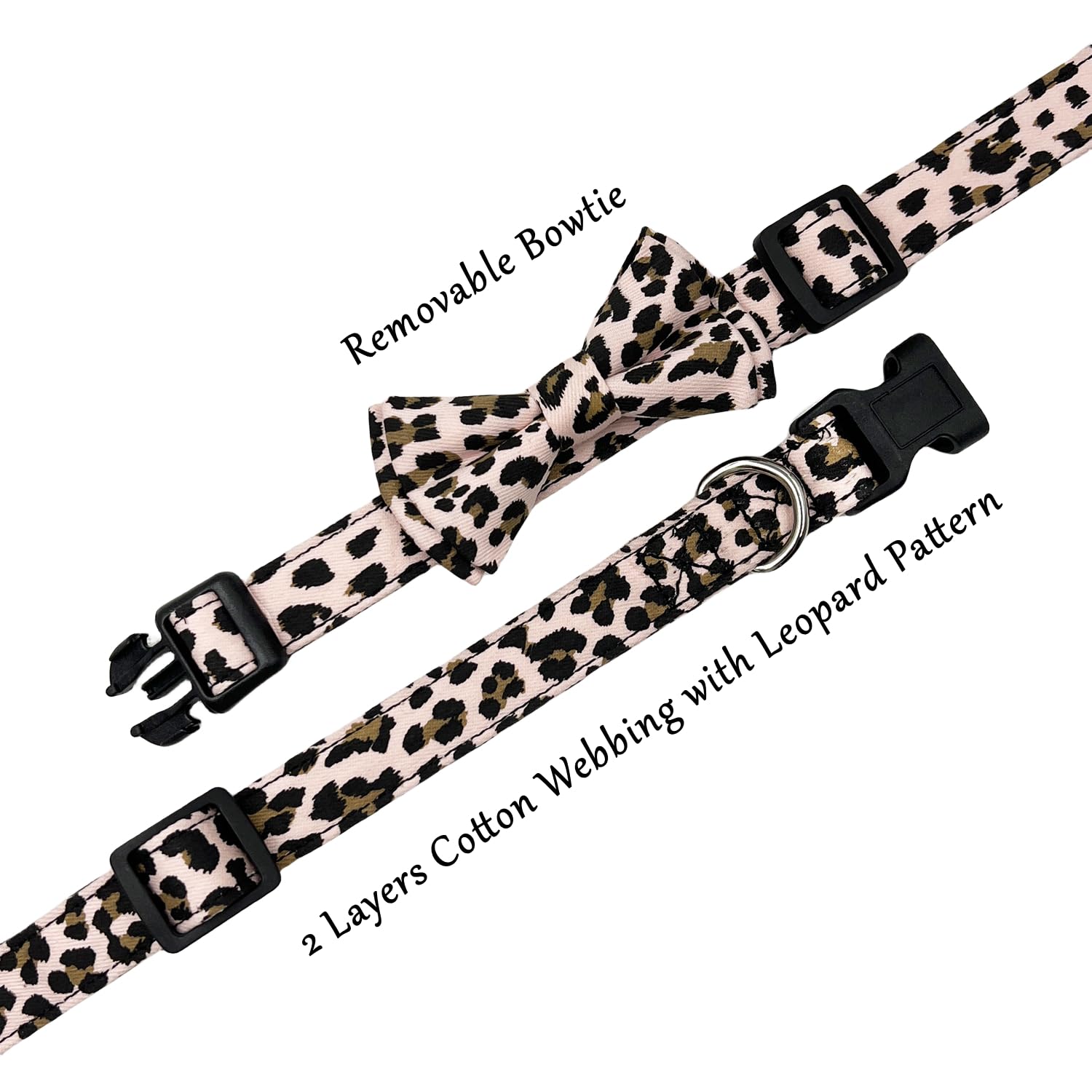 Olahibi Dog Bowtie Collar and Leash Set, Leopard Pattern, Cotton Fabric Material, 150CM Leash, for Small Dogs.(S, Pink Leopard)