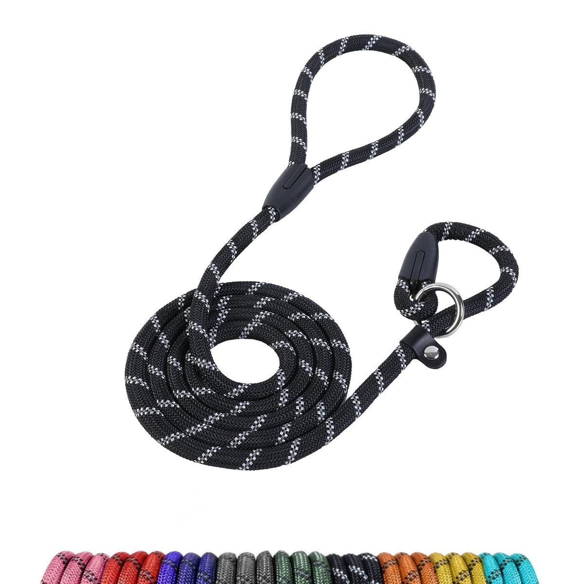 Loutep Slip Lead for Dogs- 1.8m Black Rope Dog Lead With Reflective Stitching Slip on Easily With No Collar or Harness Needed Ideal for Large & Medium Dogs