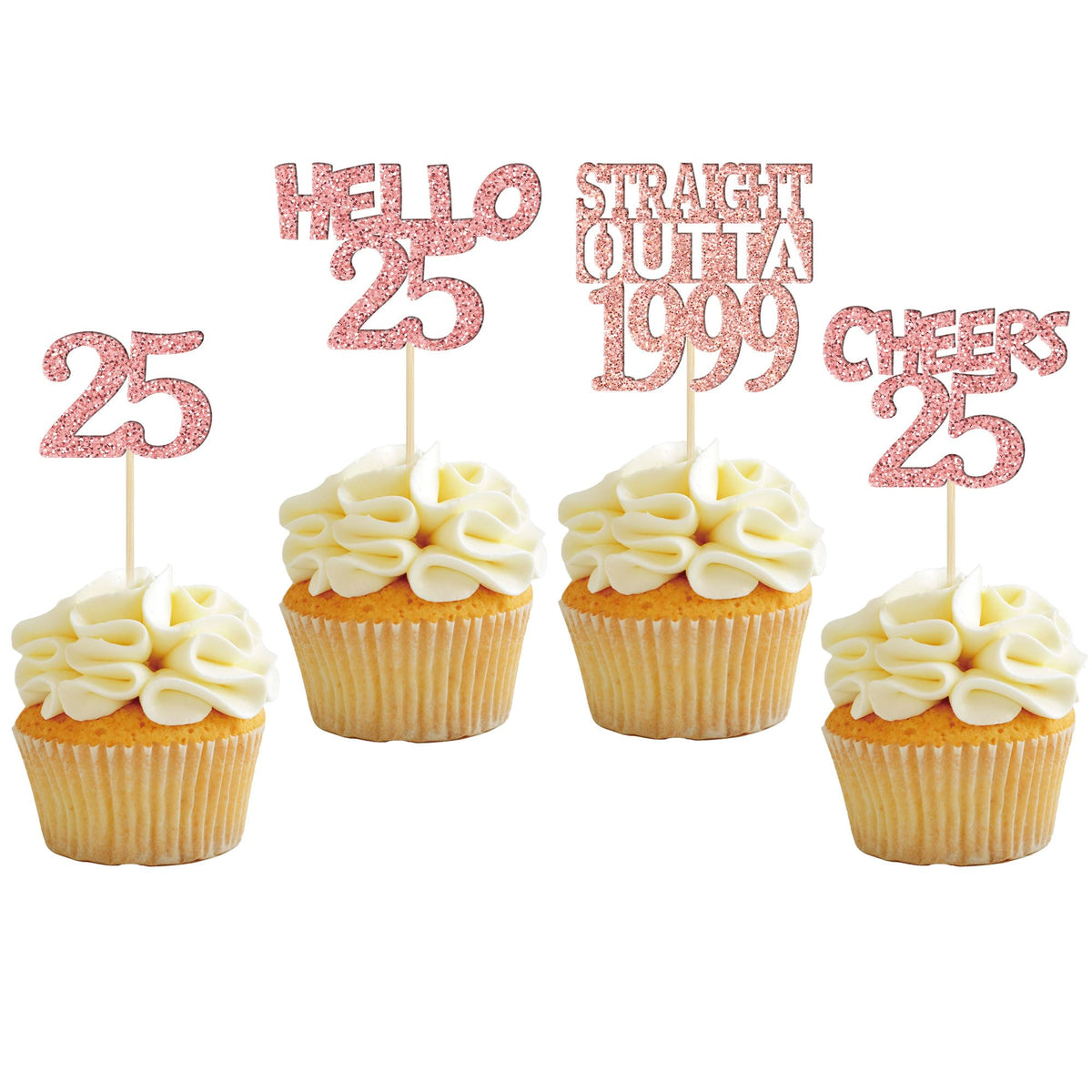 Gyufise 24Pcs Cheers to 25 Years Birthday Cupcake Toppers Glitter Twenty-five Straight Outta 1999 Cupcake Picks Happy 25th Cake Decorations for Happy 25th Birthday Anniversary Party Supplies Rose Gold