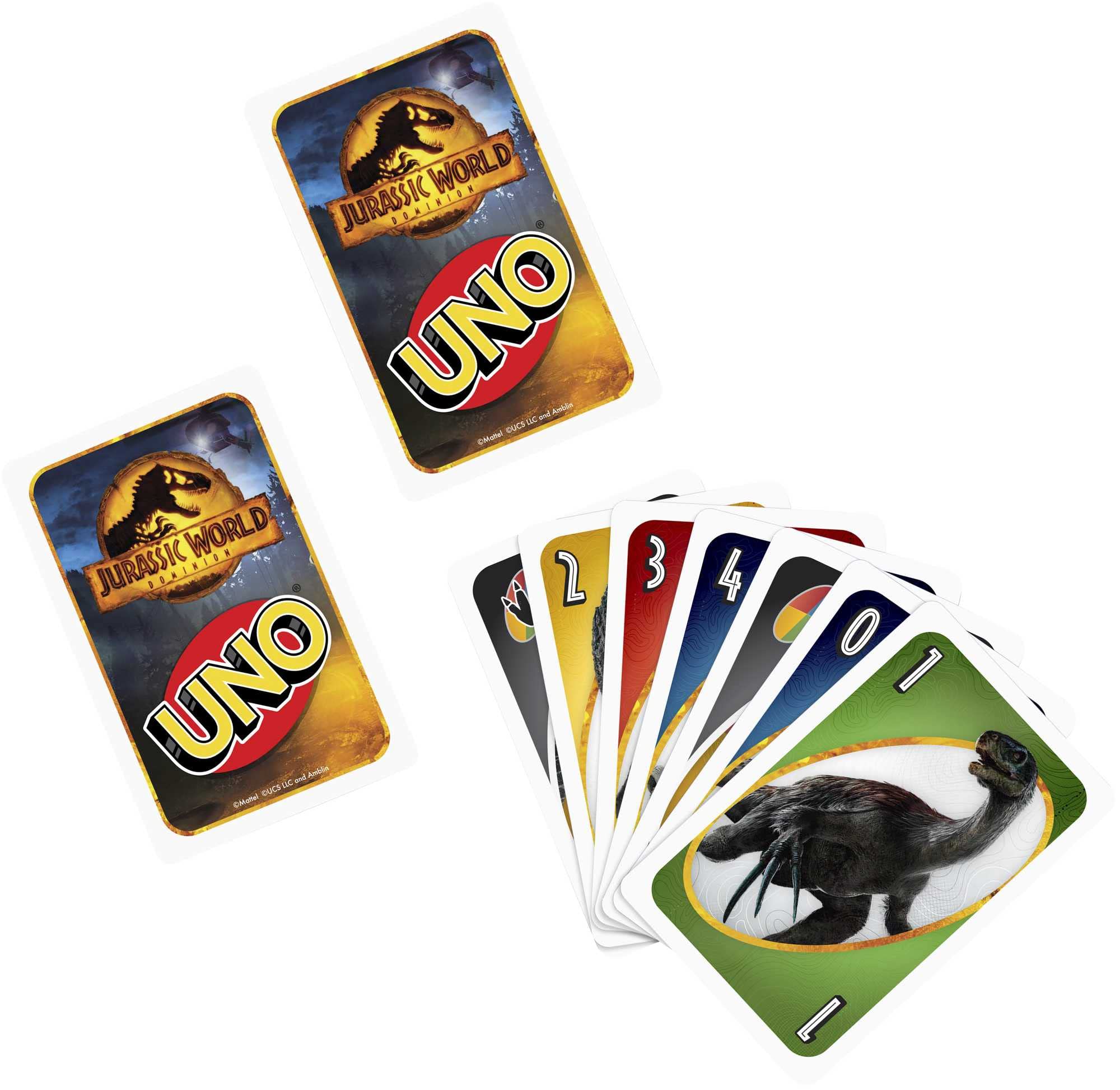 UNO Jurassic World Dominion Card Game with Themed Deck & Special Rule, Gift for Kid, Adult & Family Game Nights, Ages 7 Years Old & Up, GXD72 (Pack of 2)