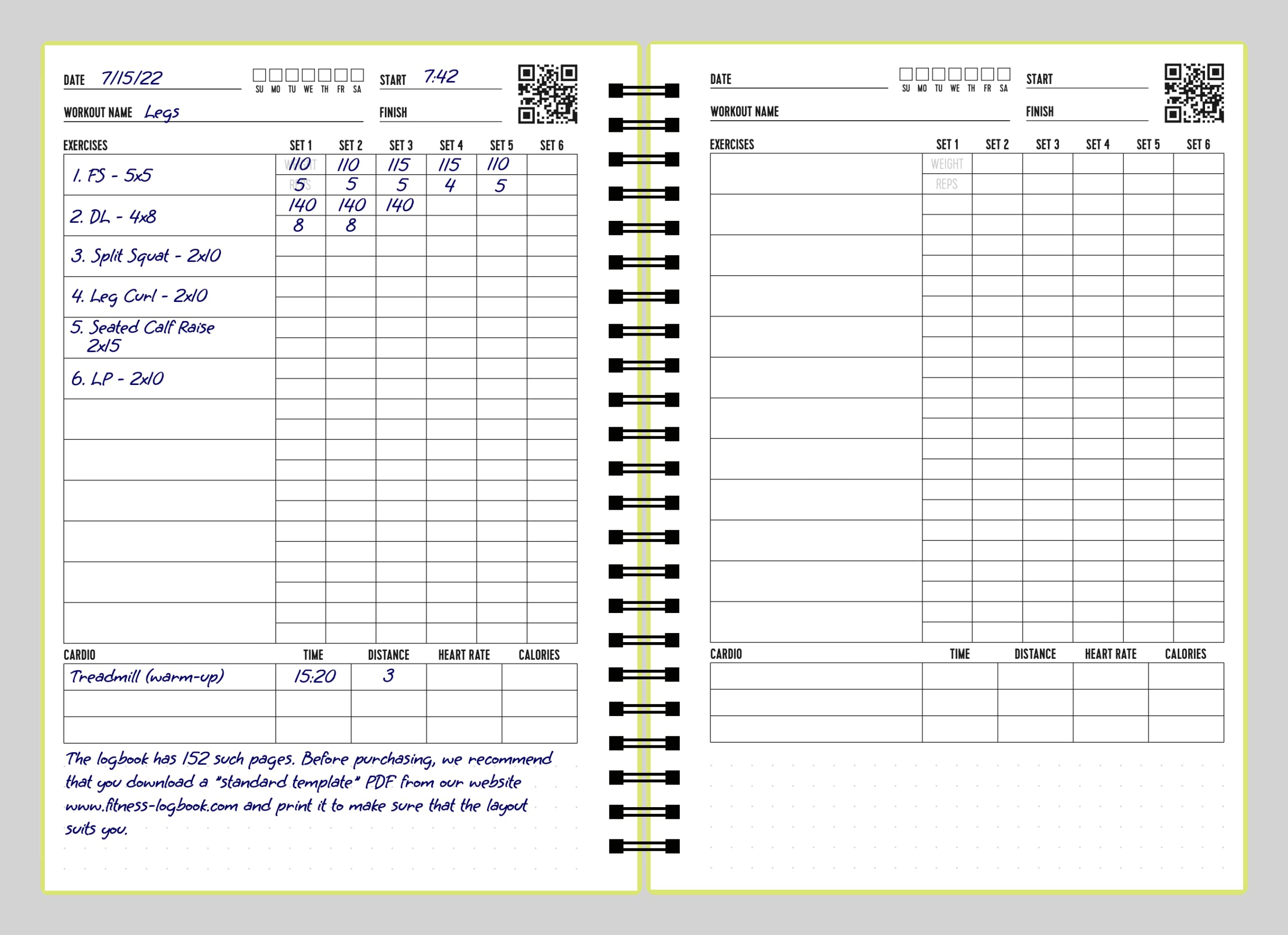 Fitness Logbook - Track 150 Workouts - Thick Paper, Durable Cover - A5 - Undated Workout Journal, Planner Log Book - Track Weight Loss, Muscle Gain, Gym Exercise, Bodybuilding Progress (Lime)