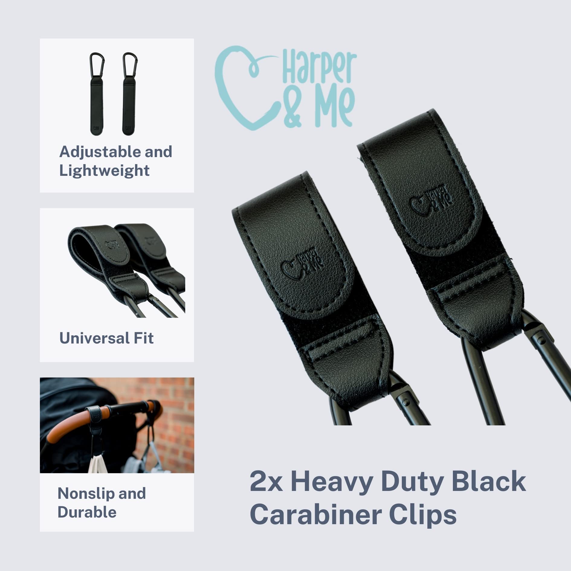 Harper & me Buggy Clips. 2pcs Black Carabiner Clips. Hook Your Shopping Bags, Baby Changing or Handbag to Any Universal Pram, Stroller or Pushchair.