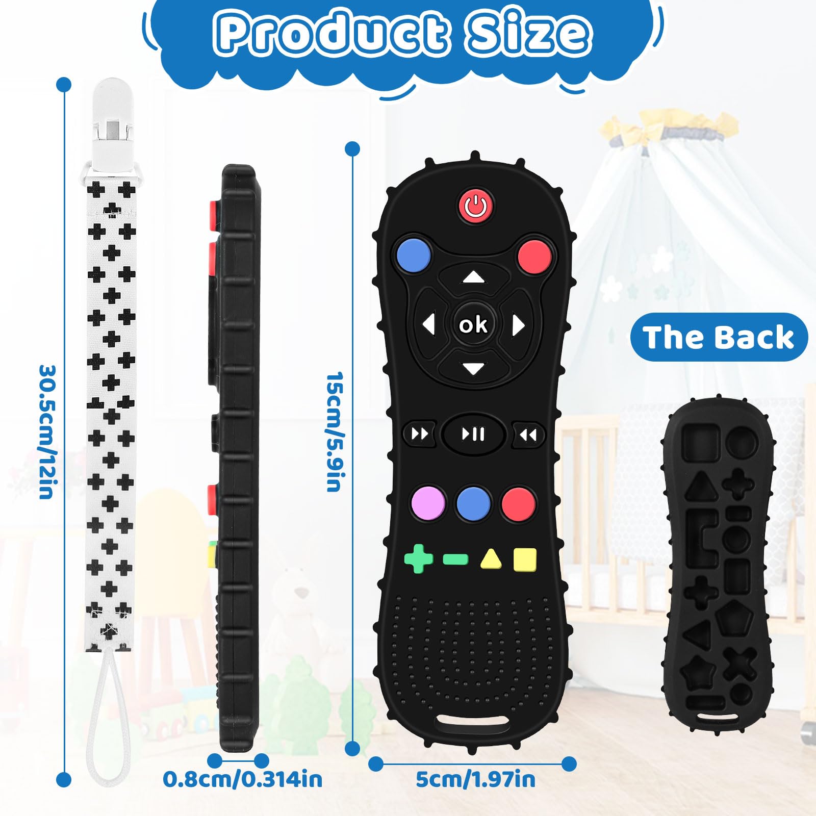 2 Pack Teething Toys for Baby, Silicone Remote Control Teething Toy for 0-6 Months Baby Sensory Chew Toy with Dummy Clip for Babies 6-12 Months, Toddler Infant Newborn Toys Baby Gifts（Black & White）