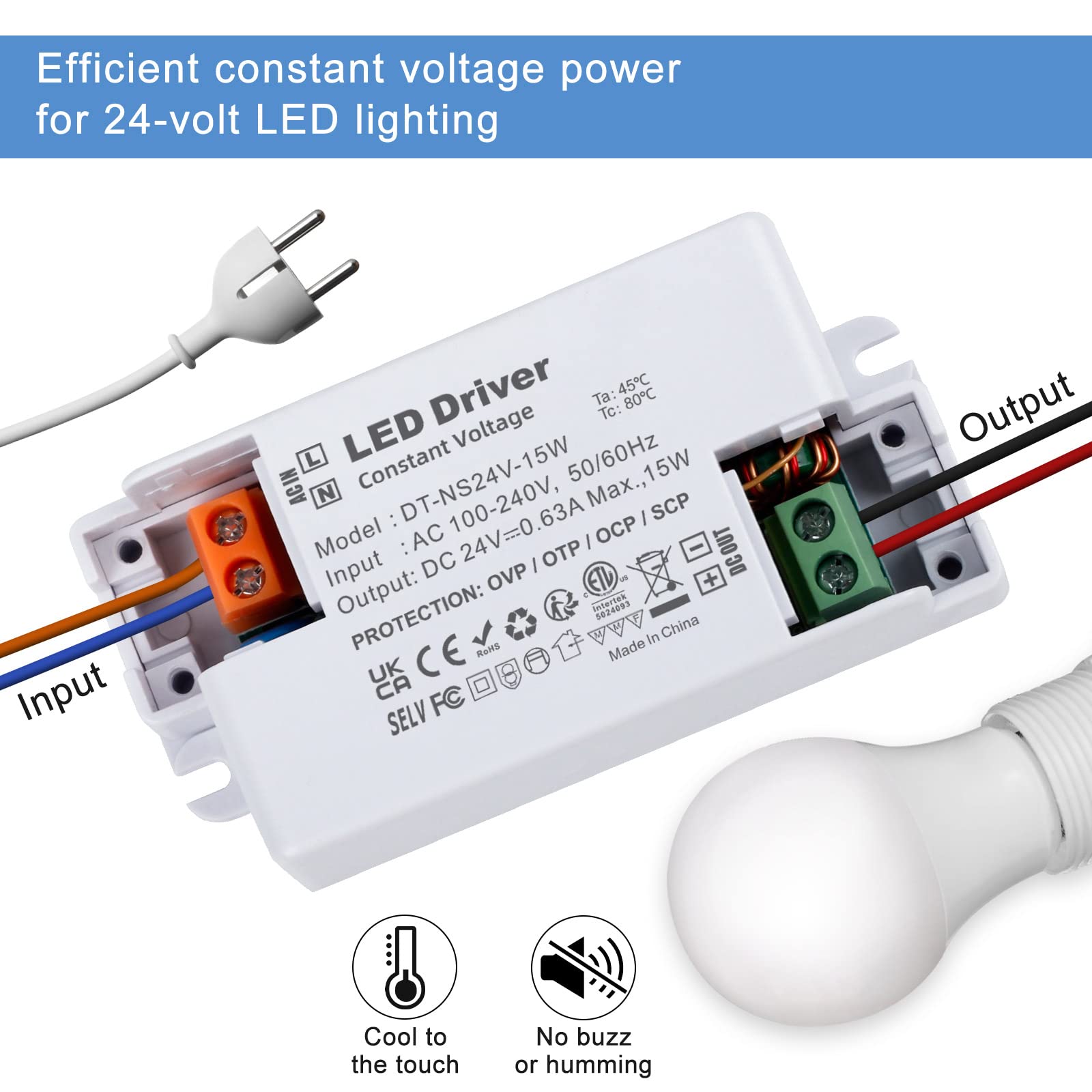 YAYZA! LED Driver 24V 15W, 240V to 24V LED Transformer 1.6A, IP44 Low Voltage Power Supply, AC to DC Adapter, Constant Voltage Driver for LED Strip Lights, Cabinet Lights, LED Bulbs, Ring Doorbell