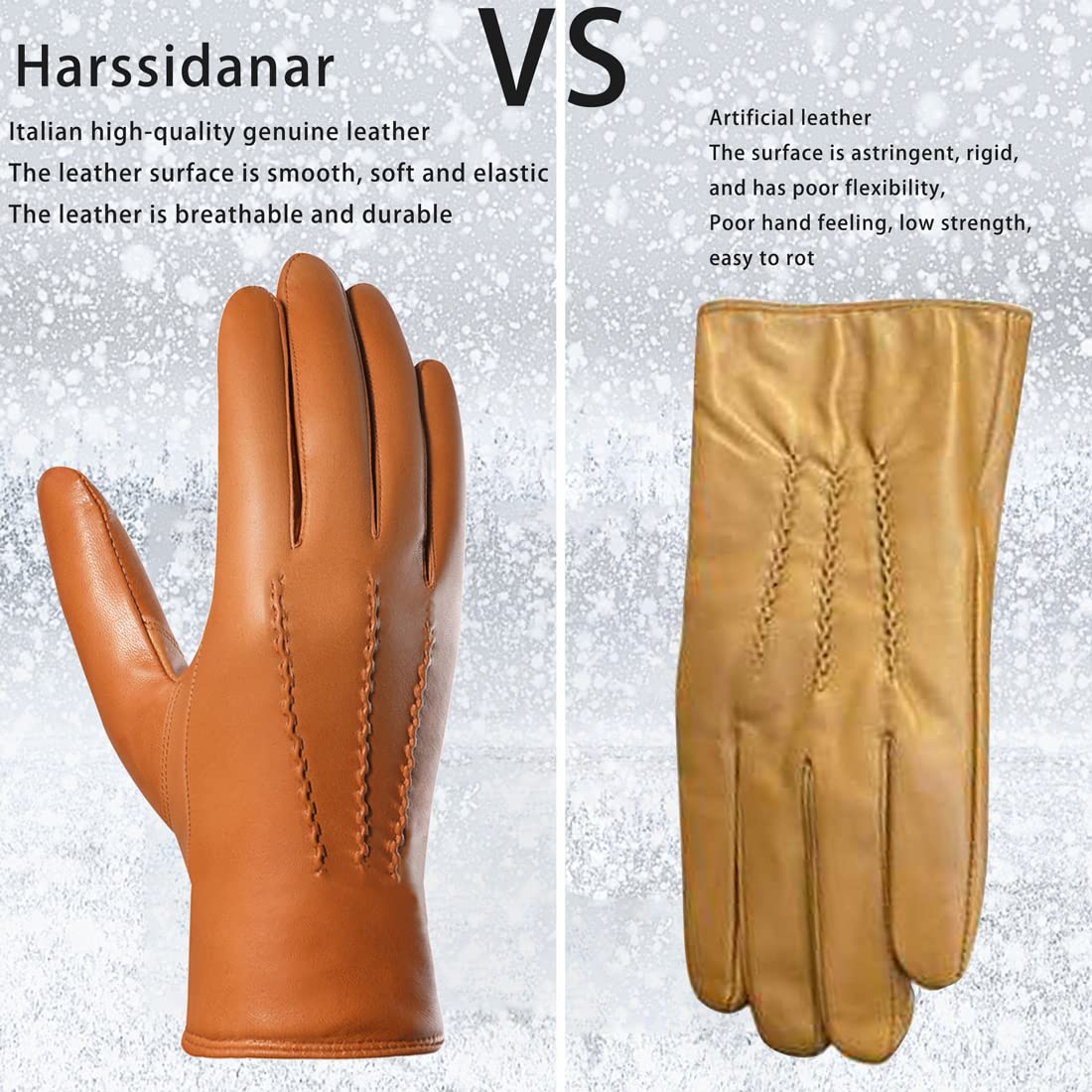 Harssidanzar Mens Italian Sheepskin Leather Gloves Vintage Finished Cashmere Lined Upgrade,Tan, S