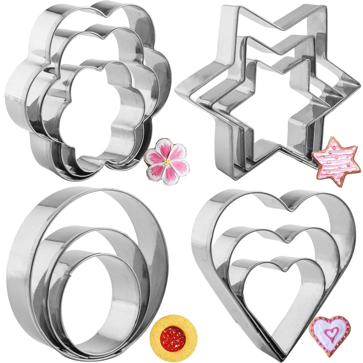 12 Pcs Cookie Cutters Shapes Baking Set, Heart Flower Round Star Shape Biscuit Stainless Steel Metal Molds Cutters for Kitchen Baking Birthday Christmas Valentine's Day Small Cookie Cutters