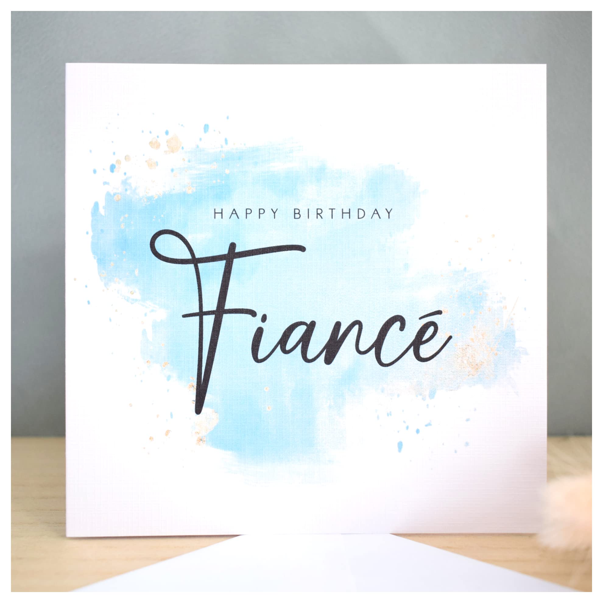 Happy Birthday Fiance Card   Partner Birthday Card   Card for Him   Classy Blue Watercolour Splash   148mm Square Modern Greeting Card