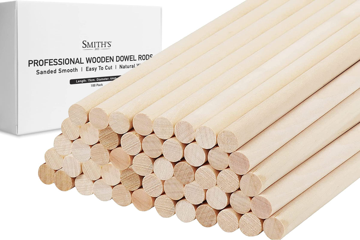 Wooden Dowel Rods by Smith’s® (100 Pack / 15cm x 4mm)   Unfinished, Natural, Organic Wood Sticks   FSC Approved   Perfect for Craft Projects, DIY, Art Works, Woodcraft, & More!