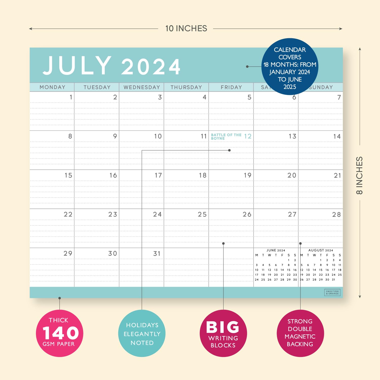 S&O Teal Magnetic Fridge Calendar from January 2024-June 2025 - Tear-Off Refrigerator Calendar to Track Events & Appointments - 18 Month Magnetic Calendar for Fridge for Easy Planning-8 inchesx10 inches in.