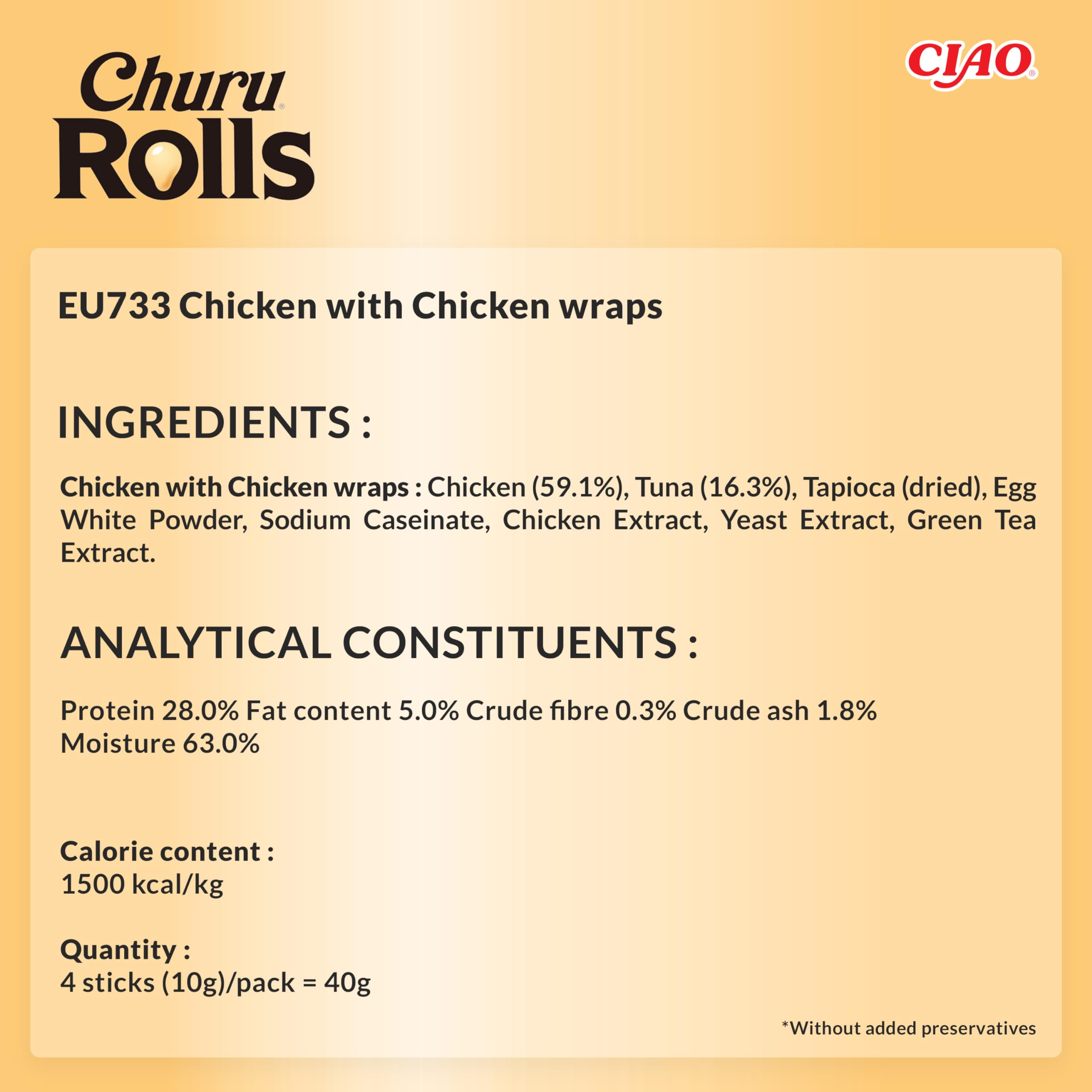 Ciao Churu Rolls by INABA Cat Treat - Chicken Flavour (4 x 10g) / Crispy Sticks with Creamy Filling Cat Treat, Delicious & Healthy Snack, Hand Feeding, Natural, Grain Free