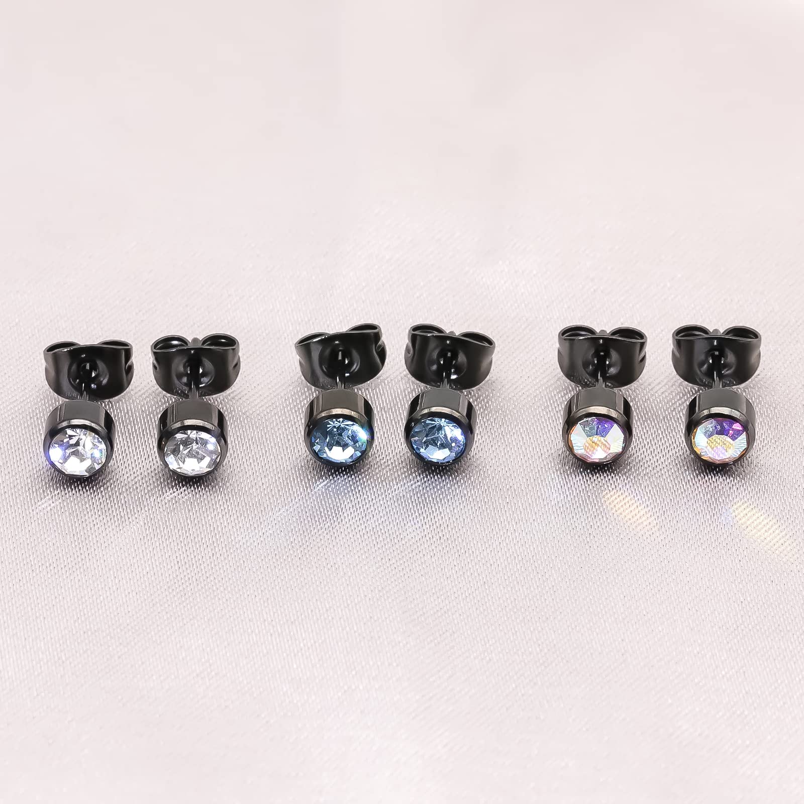 Artskin 3 Pairs/Set Women's Stud Earrings Titanium Girls' Earrings Hypoallergenic Crystal Men's Earrings 4mm Nickel Free Black Plated Earrings Studs Sensitive Ears Birthday Mothers' Day Gift