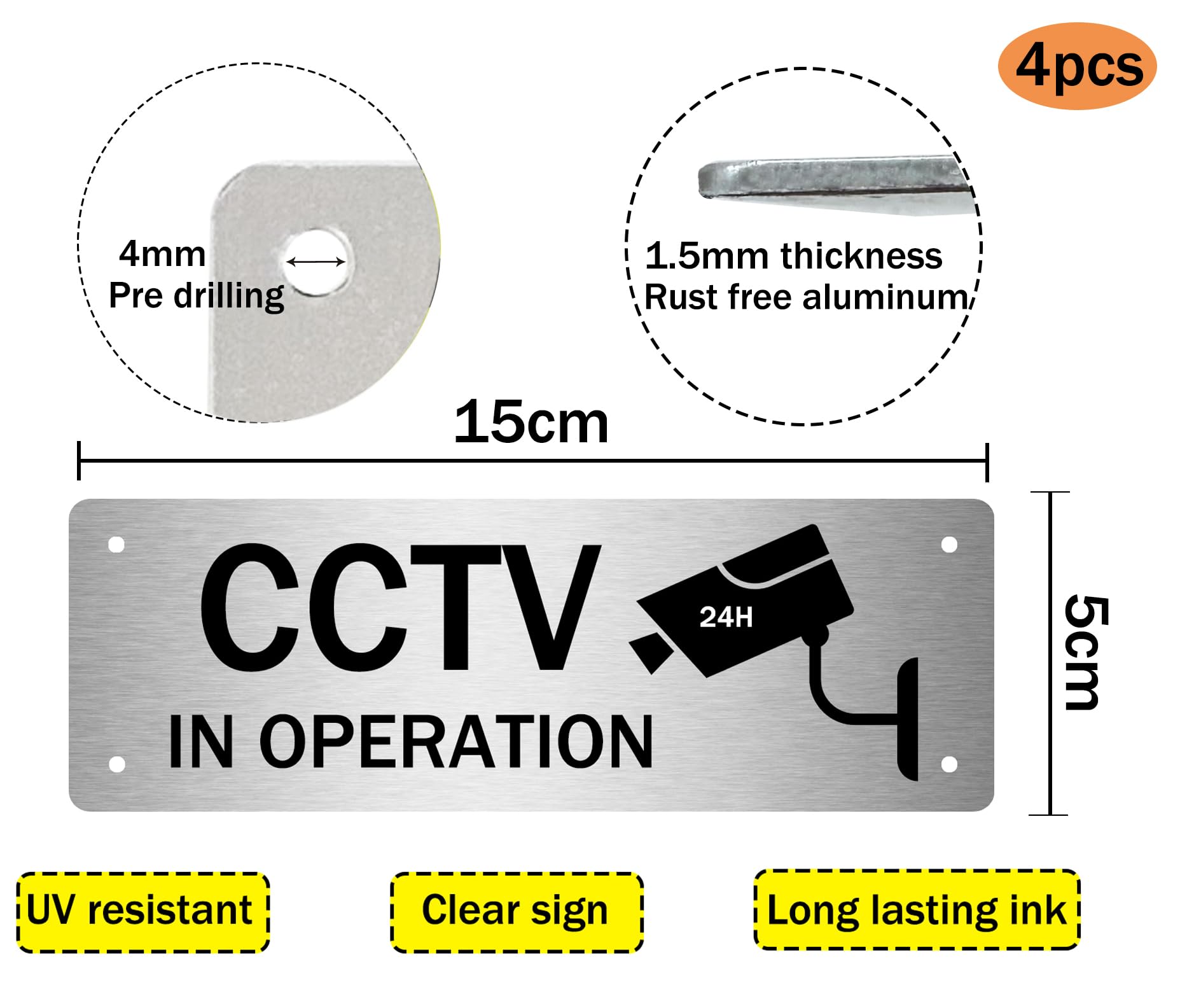 4-Pack CCTV In Operation Sign,CCTV in Operation Aluminum Sign with Self-Adhesive Stickers for House and Business Indoor or Outdoor Use,UV Resistant, Anti-rust,15 x 5cm 4pcs