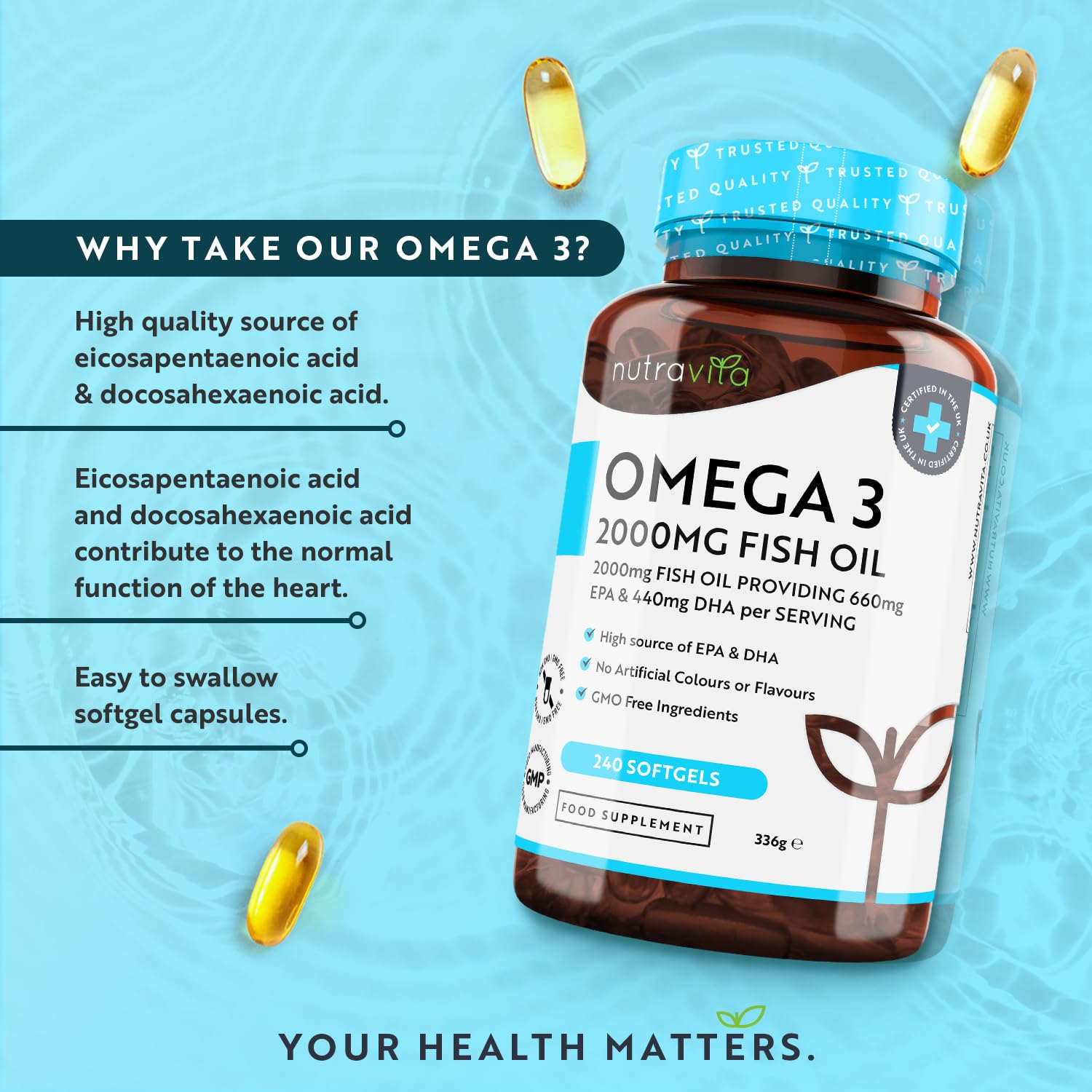 Omega 3 2000mg with 660mg EPA & 440mg DHA per Serving - 240 Softgel Capsules of Sustainably Sourced Pure Omega 3 Fish Oil - Made in The UK by Nutravita