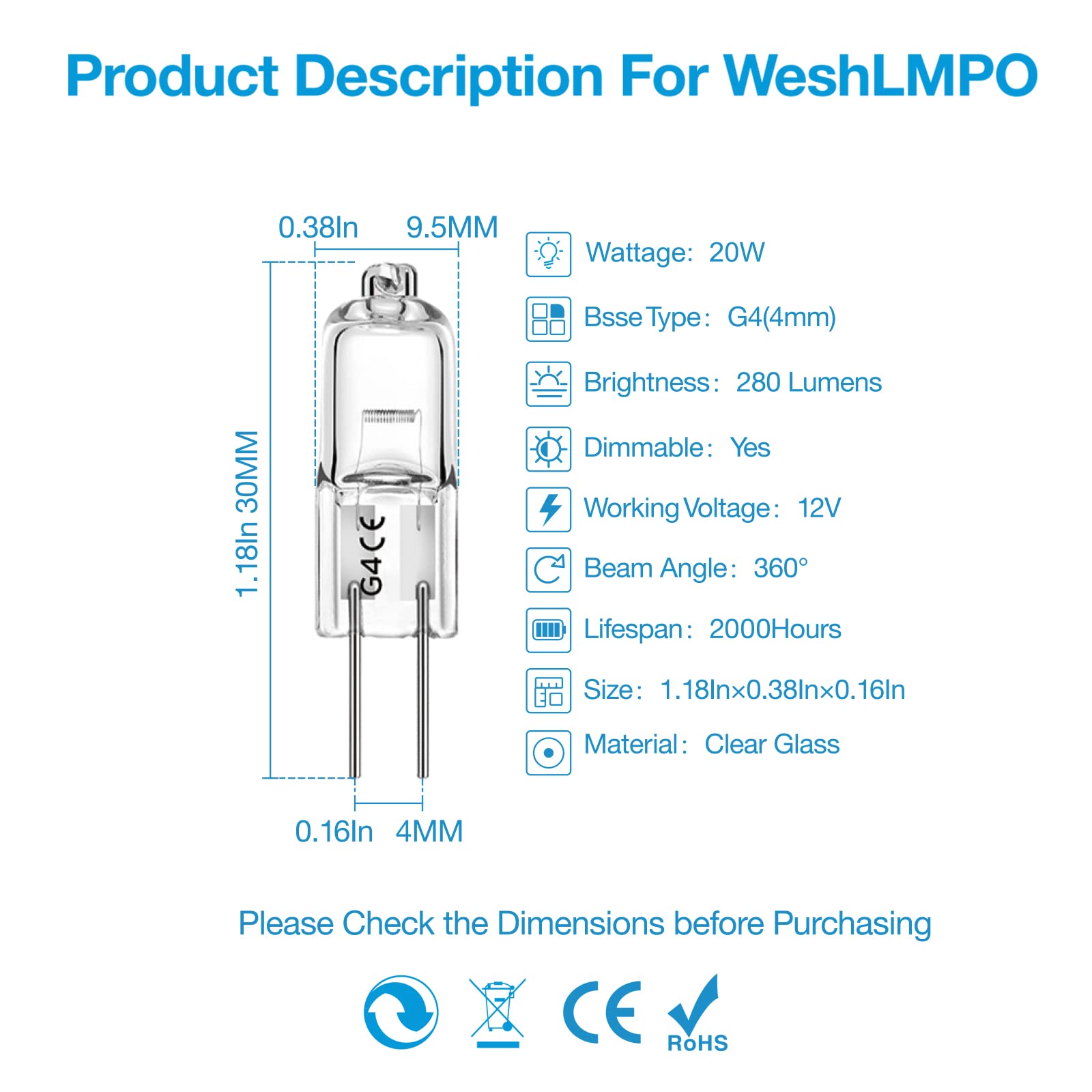 WeshLMPO G4 Light Bulbs 12 Pcs G4 Halogen Bulbs 2 Pin G4 20W 12V 2700K Dimmable for Kitchens, Living Rooms and Bedrooms