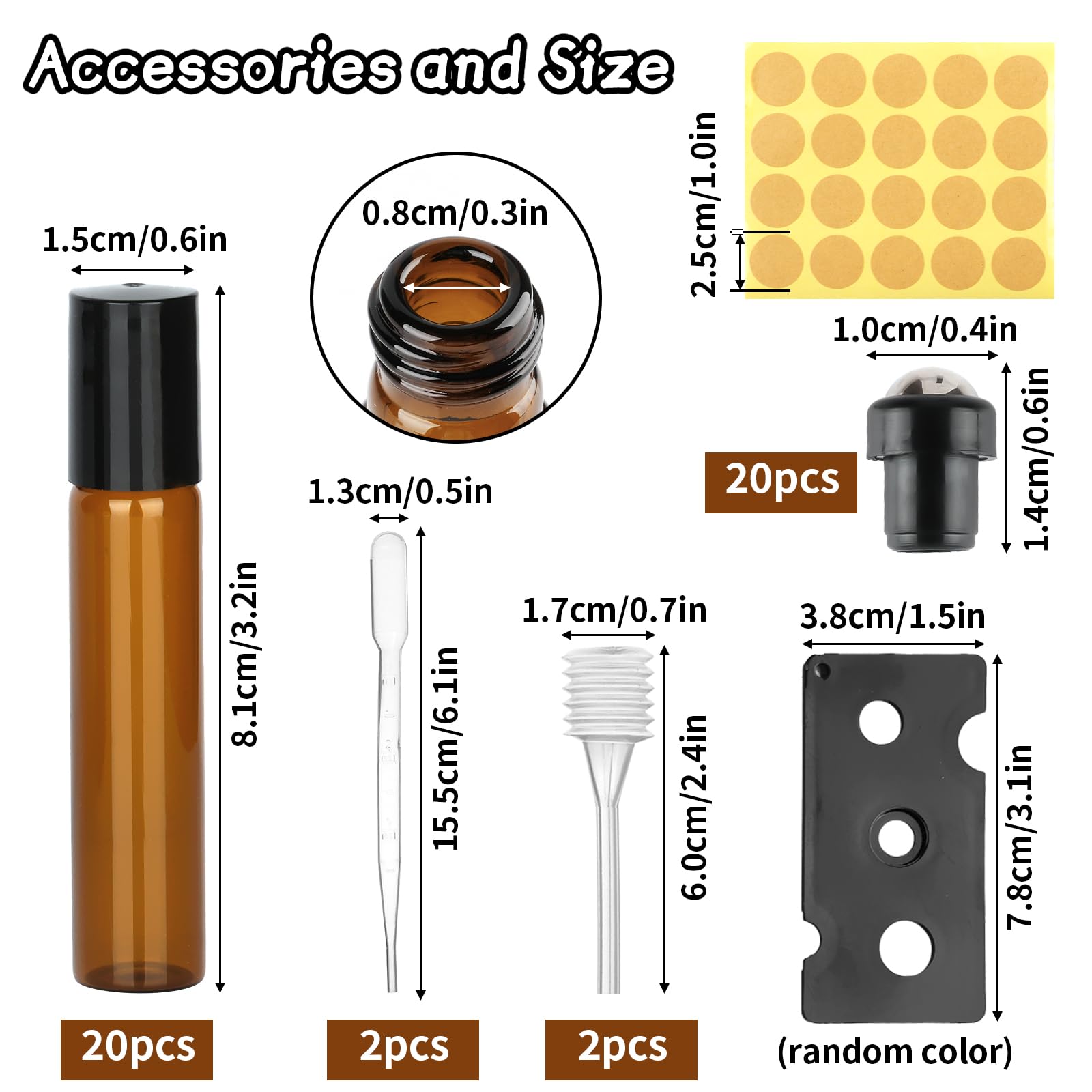 Essential Oils Roller Bottles, 20pcs Roll on Bottles with Stainless Steel Ball, 10ml Glass Roller Bottles with Bottle Opener, Dropper, Pipette, Label for Essential Oil, Fragrance, Aromatherapy (Brown)