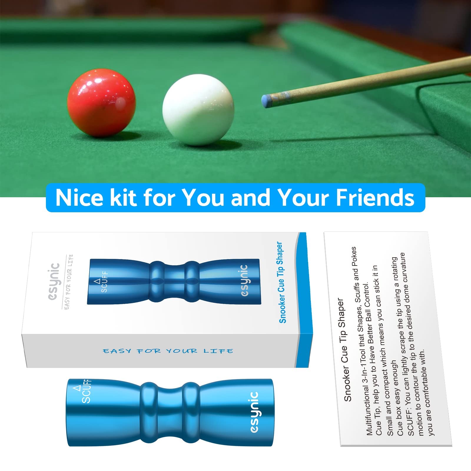 eSynic Popular Snooker Cue Tips Shaper 3 in 1 Pool Cue Tips Shaper Set Billiard Snooker Accessories Pool Cue Accessories Snooker Cue Tips Shaper 3 in 1 Tool - -Shaper, Scuffer, Aerator (Blue)