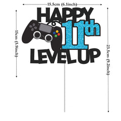 Gidobo 11th Birthday Cake Toppers, Black Glittery Cake Decorations with Controllers Themed, Eleven Years Old Level Up Video Game Birthday Party Supplies for Boys