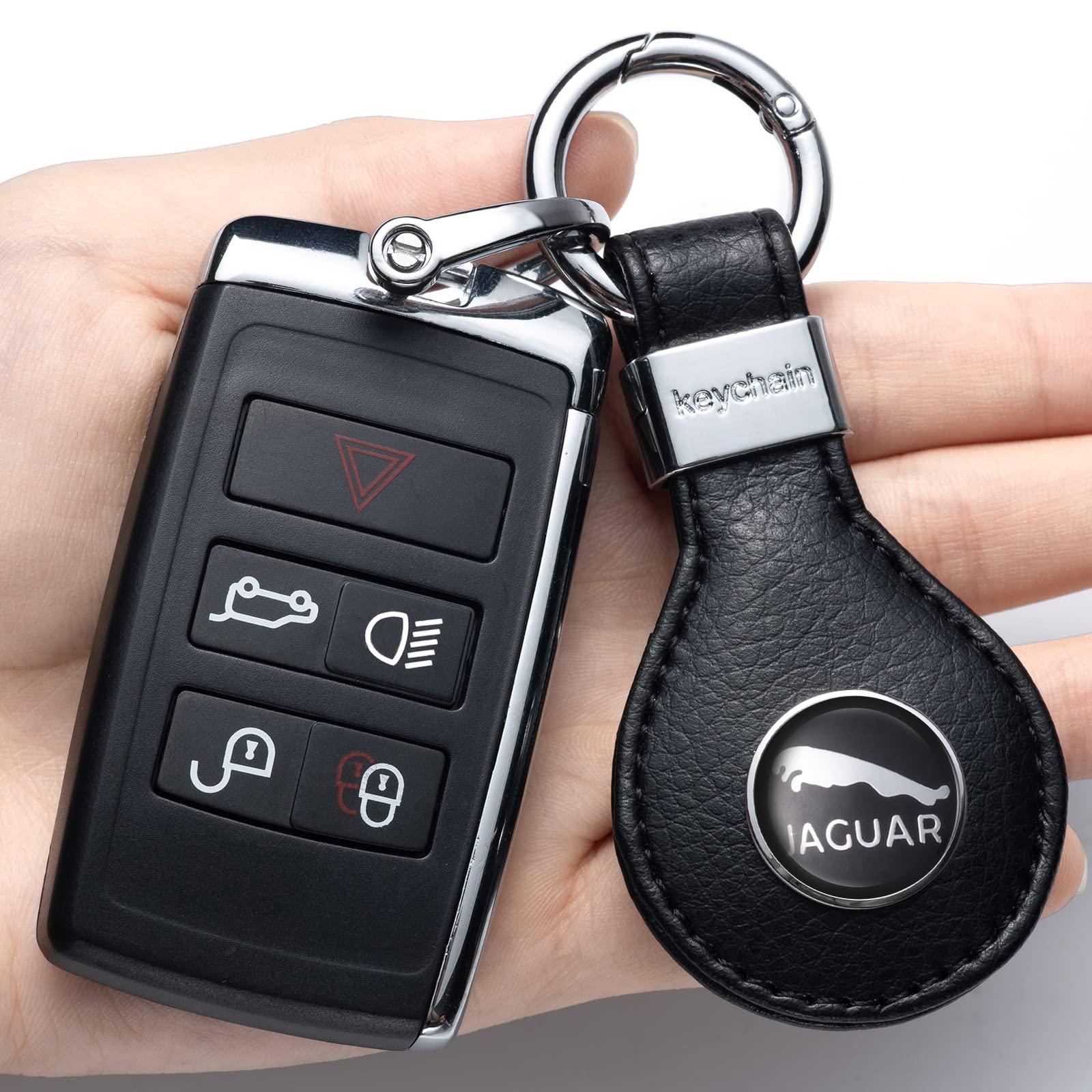 for Jaguar Keyring, 2PCS Leather keychain fit for Jaguar XE XEL XF XFL XJ XK F-PACE I-PACE E-PACE F-Type X-Type S-Type, Unisex Key Chain for Car, Black