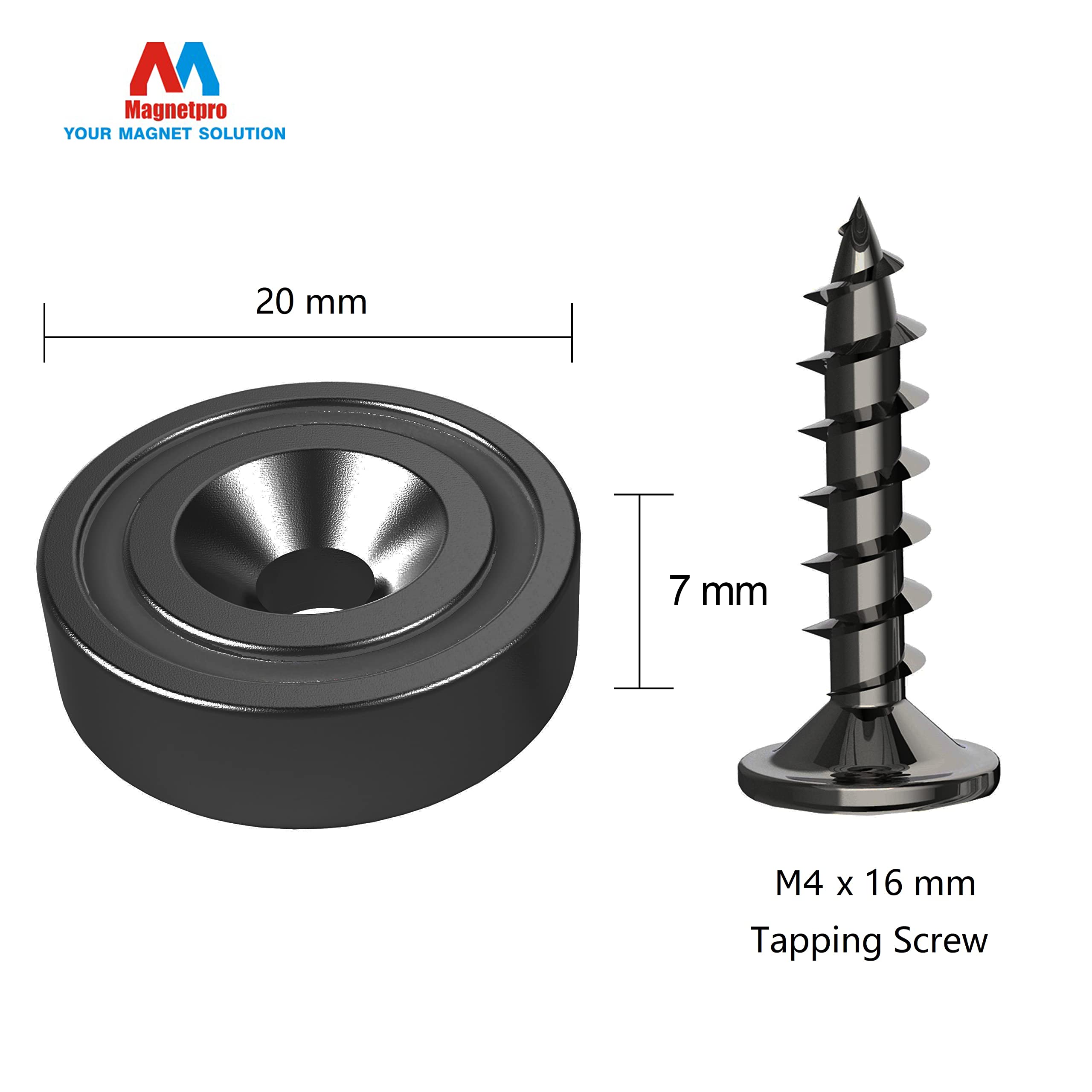 Magnetpro 12 Pieces Magnet 25 LB Force 20 x 7 mm with Countersunk Hole and Steel Capsule, Black Pot Magnets with Screws and 12 Steel Counterparts