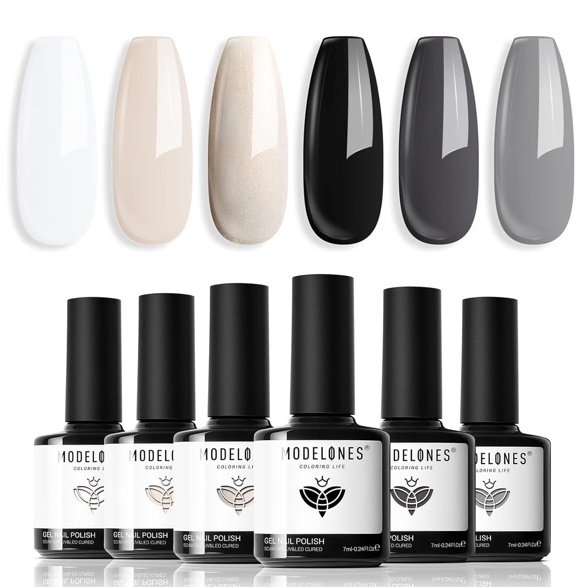 Modelones White Black Gel Nail Polish Set, 6 Colors Black Milky White Neutral Nail Polish Nude Grey Glitter Gel Nail Polish Kit Soak Off Nail Lamp Gel Kit Gel Nail Art Gift for Women