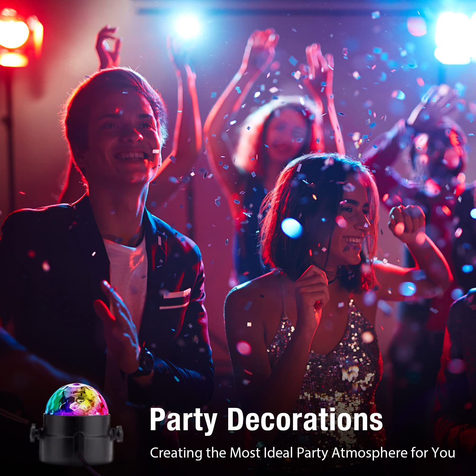 Gobikey Disco Lights, 360°Rotation Sound Activated 【Portable 】Disco Ball Lights with 4M/13ft USB Power Cable, 3W RGB Party Lights with Remote Control for Kids Birthday/Family Gathering/Party/Home