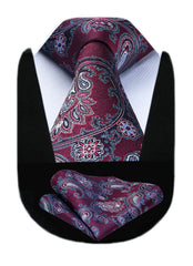 HISDERN Men's Tie Burgundy Paisley Tie Wedding Party Ties for Men Handkerchief Necktie & Pocket Square Set for Formal Business