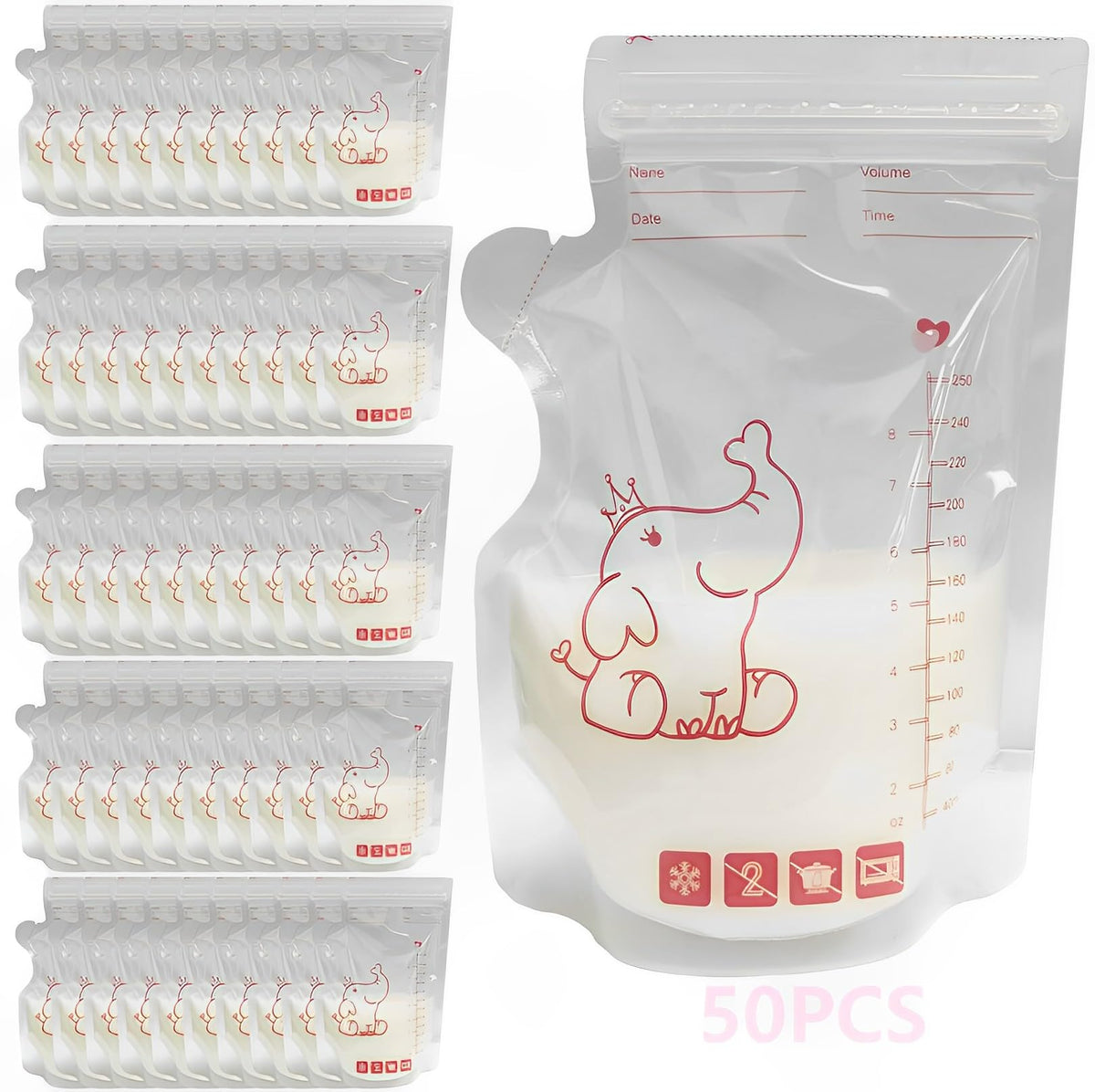 MORJCG 50 Pcs Breast Milk Storage Bag, 250ml Disposable Bags, Bags Breastfeeding, No-Leak Freezer Pouches, for (Elephant Pattern)