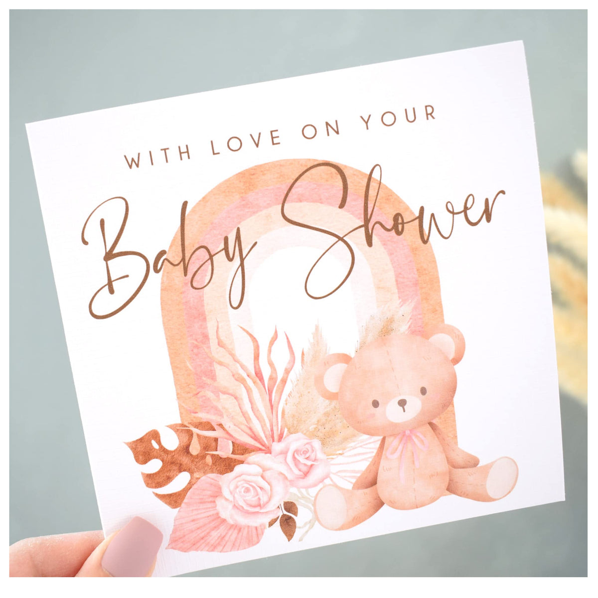 Baby Shower Card. Pregnancy Congratulations. Mummy To Be Card. Neutral Dried Pampas Flowers & Rainbow Arch. Nude Pink Beige. Square Modern Greeting Card