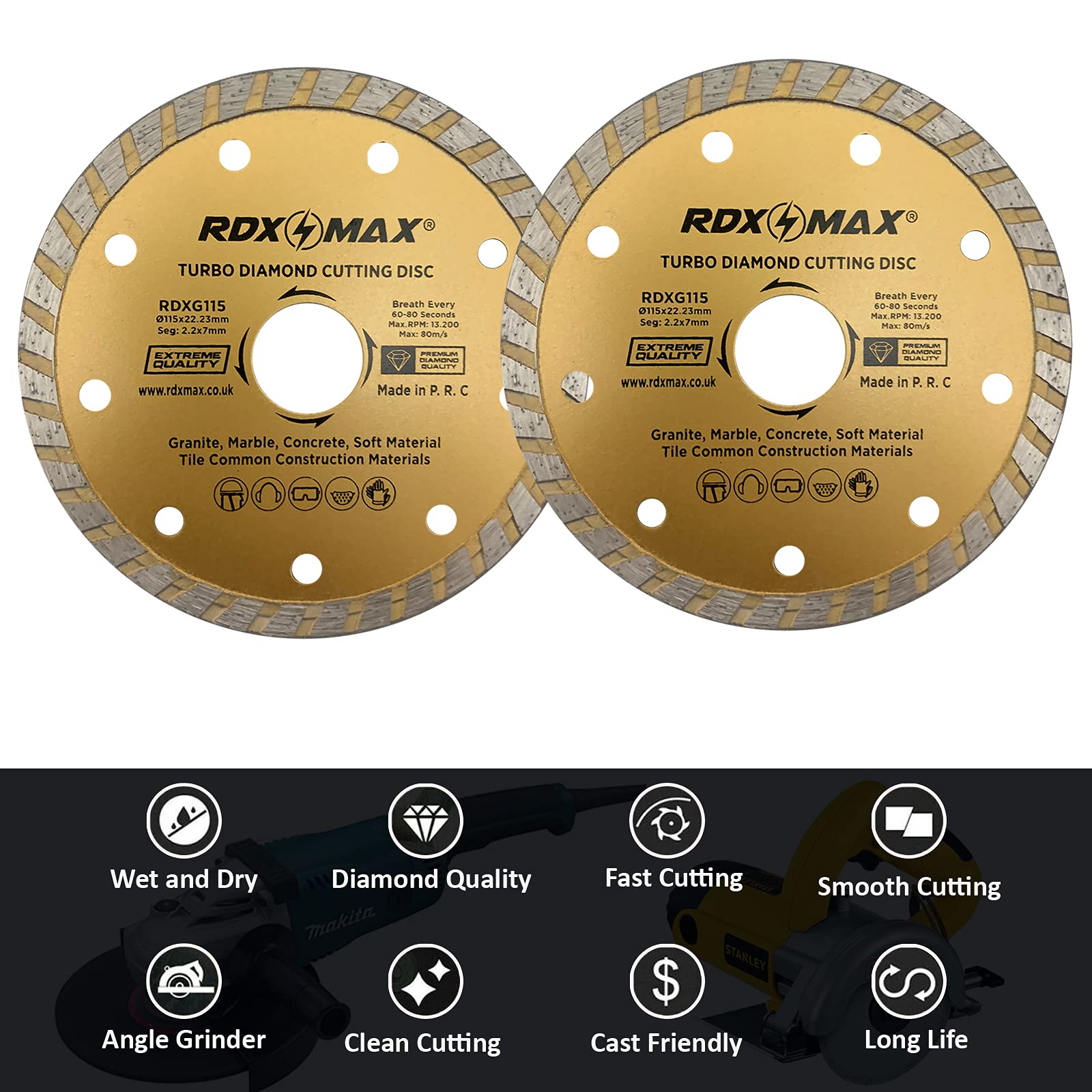 RDXMAX ® 115mm Diamond Cutting Discs for Angle Grinder-Super Thin Fast,Clean Cut on Porcelain,Granite,Marble,Concrete,Tiles,Stones,Bricks & Ceramics-4.5 inches Wheel -Size 115 x2.2 x22.23mm- 2 Pack Golden