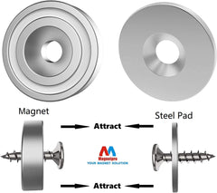 Magnetpro 12 Pieces Magnet 25 LB Force 20 x 7 mm with Countersunk Hole and Steel Capsule, Pot Magnets with Screws and 12 Steel Pads (Bright Silver)