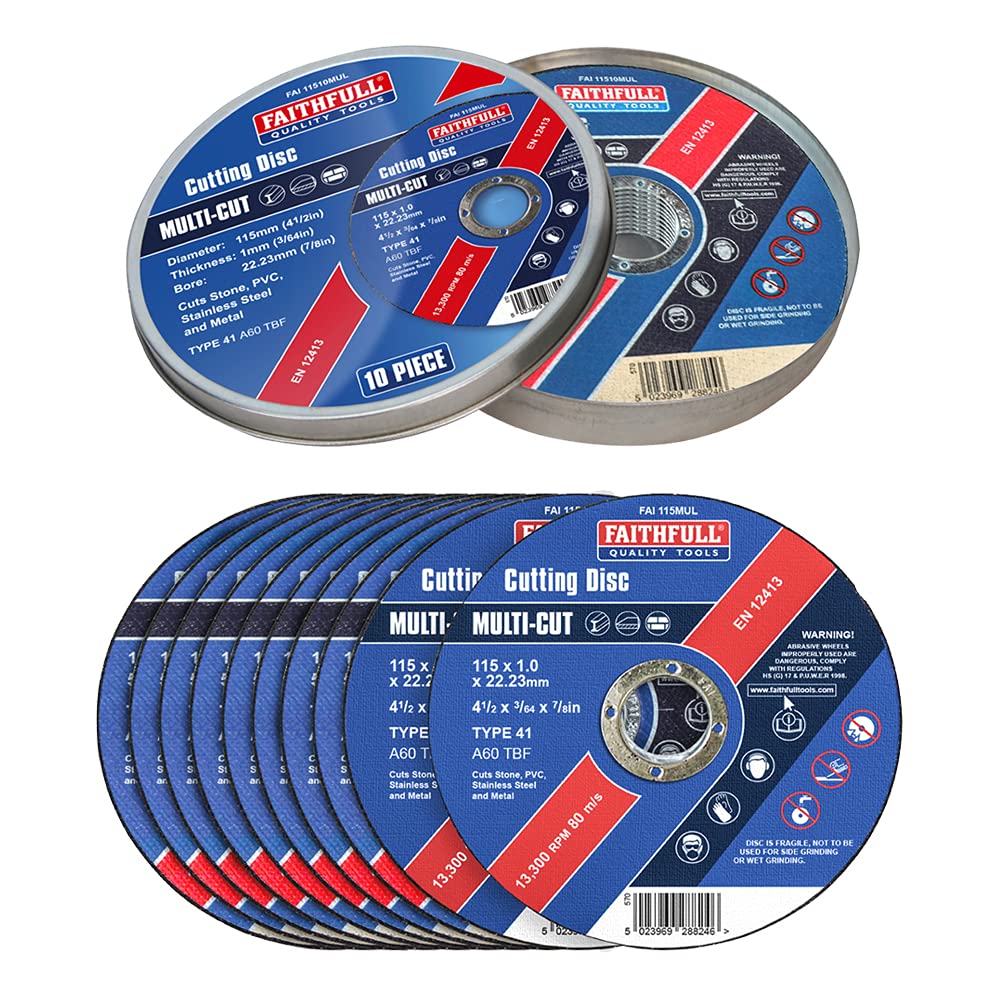 Faithfull FAI11510MUL Extra Thin (1 mm) Fast Cut Cutting Discs 115 mm x 1 mm x 22 mm (4.5 Inch) 10 Pack with Storage Tin