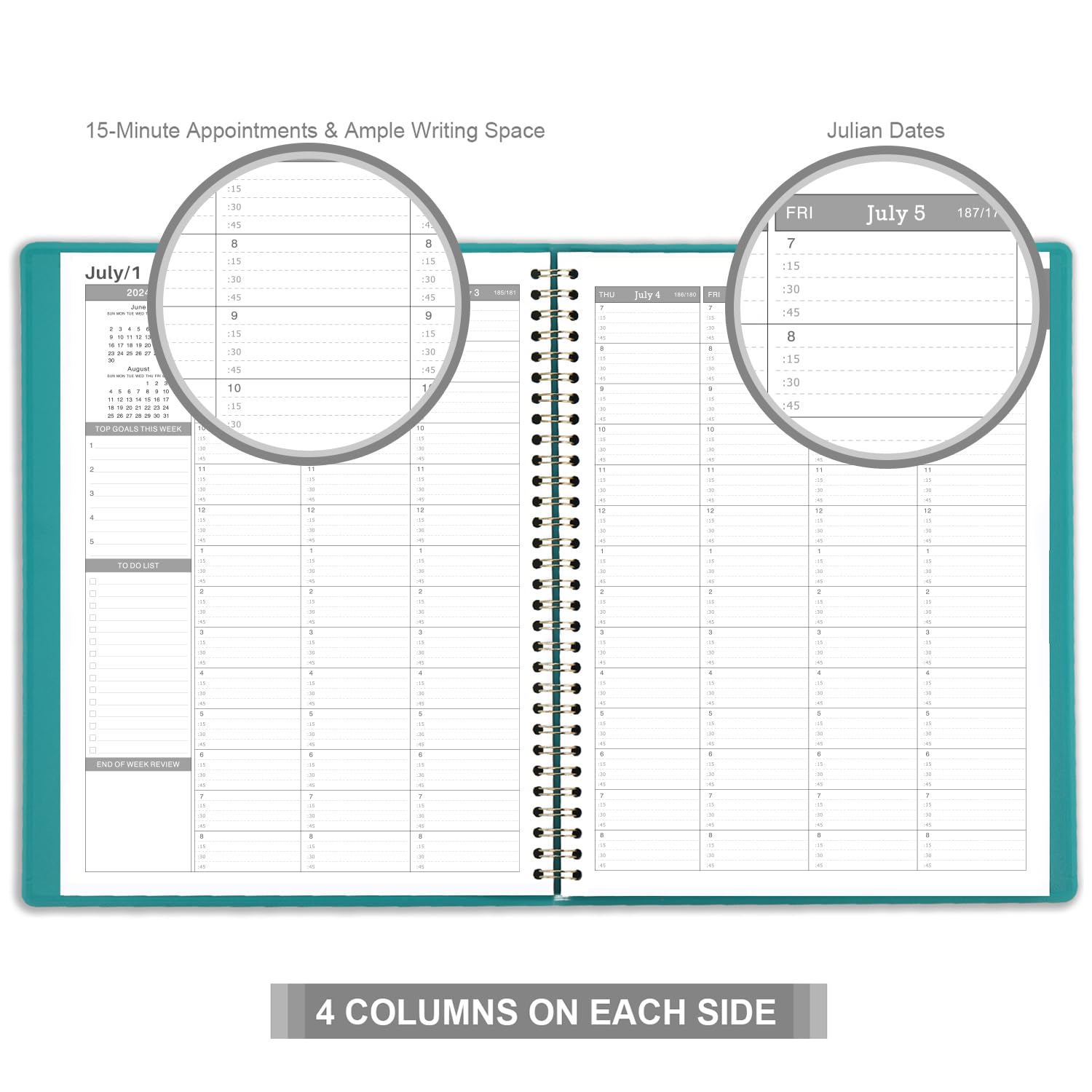 Appointment Diary 2024-2025 - Academic Diary 2024-2025 from Jul. 2024 to Jun. 2025, A4 Week to View Appointment Book 2024-2025 in 15 Minutes with Times, Soft Leather Cover, 21.8 x 29 cm - Lake Green