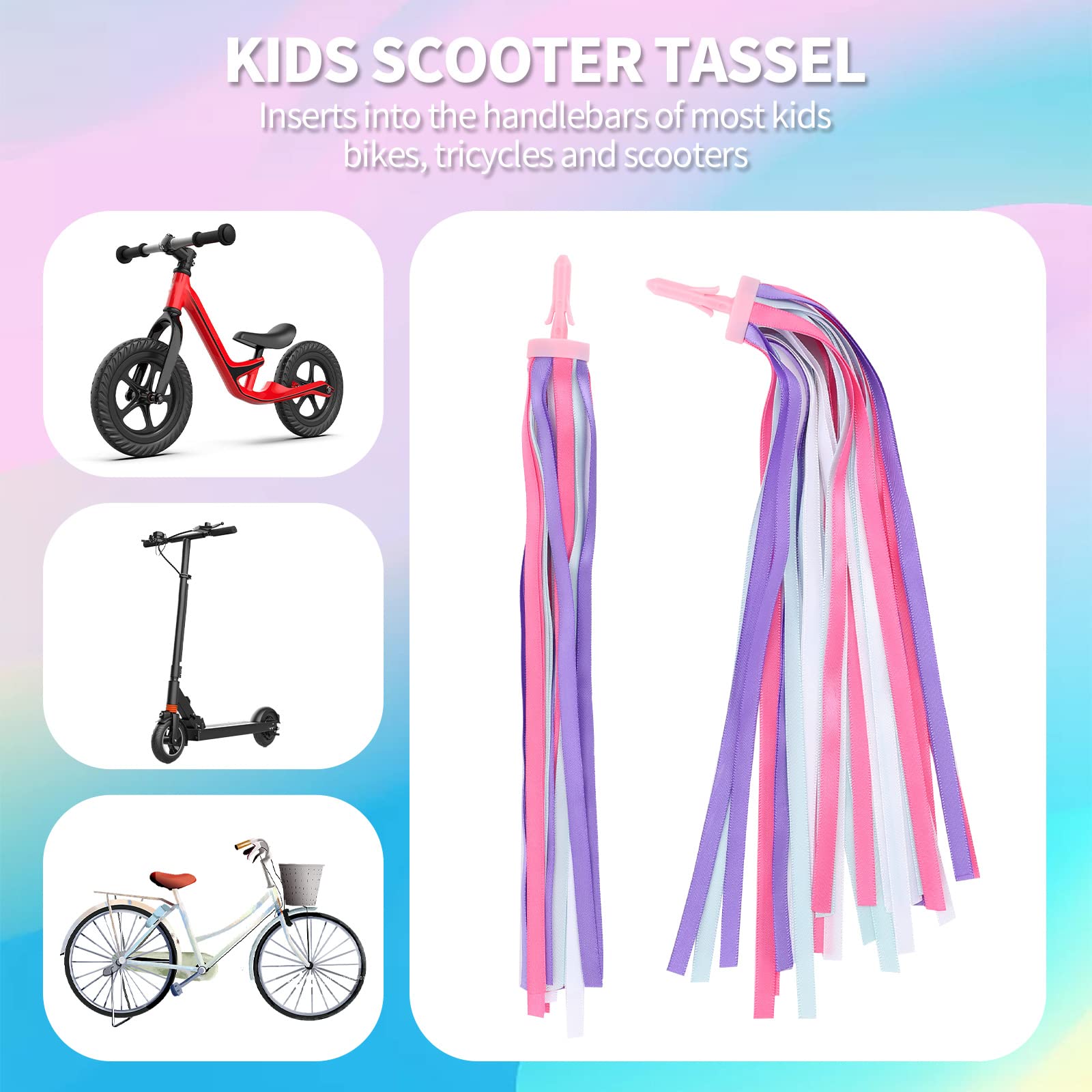 Kid's Rainbow Bike Streamers For Girls Boys, 2 PCS Childrens Baby's Colorful Handlebar Bicycle Grips Tassel Ribbons,Carrier Accessories Easy Attach To Scooter's/tricycle's/bike's Handlebars -Purple